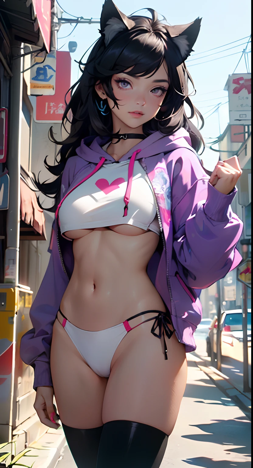girl spacepunk,(((1girl))),((anime girl with extremely cute and beautiful black hair cat ears walking seductively down the street)),
(large breasts:1.4),saggy breasts,((((black hair,messy hair,colored inner hair,large hair,absurdly long unkempt hair:1.35,long hair,ear breathing)))),((((cat ears,cat ears on head,big cat ears)))),((pink eyes:1.3,upturned eyes:1.3,perfect eyes,beautiful detailed eyes,rainbow glows ultra-detailed deep pink purple eyes:1.1,gradient eyes:1,finely detailed beautiful eyes:1,symmetrical eyes:1,big highlight on eyes:1.2)),((fat)),(((lustrous skin:1.5,bright skin: 1.5,skin tanned,shiny skin,very shiny skin,shiny body,plastic glitter skin,exaggerated shiny skin))),(spider lower abdomen,narrow waist,wide hip,athletic body,inflated legs,delicate detailed fingers,detailed body,detailed arms,human hands,(detailed face)),
cute,slutty,seductive,erotic,(((nsfw))),
zettai ryouiki,revealing clothing,show skin,((((underboob)))),(cleavage),(semi-naked,with little clothing,((tiny thong)),bare legs,visible thong straps),((((crop top hoodie,cropped hoodie,hoodie,hoodie intricate)))),((detailed outfit,detailed clothes)),
(dynamic pose:1.0),solo focus,embarrassed,centered,scale to fit dimensions,Rule of thirds,
Cityscape, daytime view, very pretty city with neon lights, futuristic cityscape, overcast sky, futuristic city ambiance, detailed background:1.25, lonely street,
(best quality,high resolution,sharp focus,ultra detailed,extremely detailed,extremely high quality artwork,(realistic,photorealistic:1.37),8k_wallpaper,(extremely detailed CG 8k),(very fine 8K CG),((hyper super ultra detailed perfect piece)),flawless,(((masterpiece))),illustration,vibrant colors,(intricate),High contrast,Selective lighting,Double exposure,HDR (High Dynamic Range),Post-processing,Background blur,