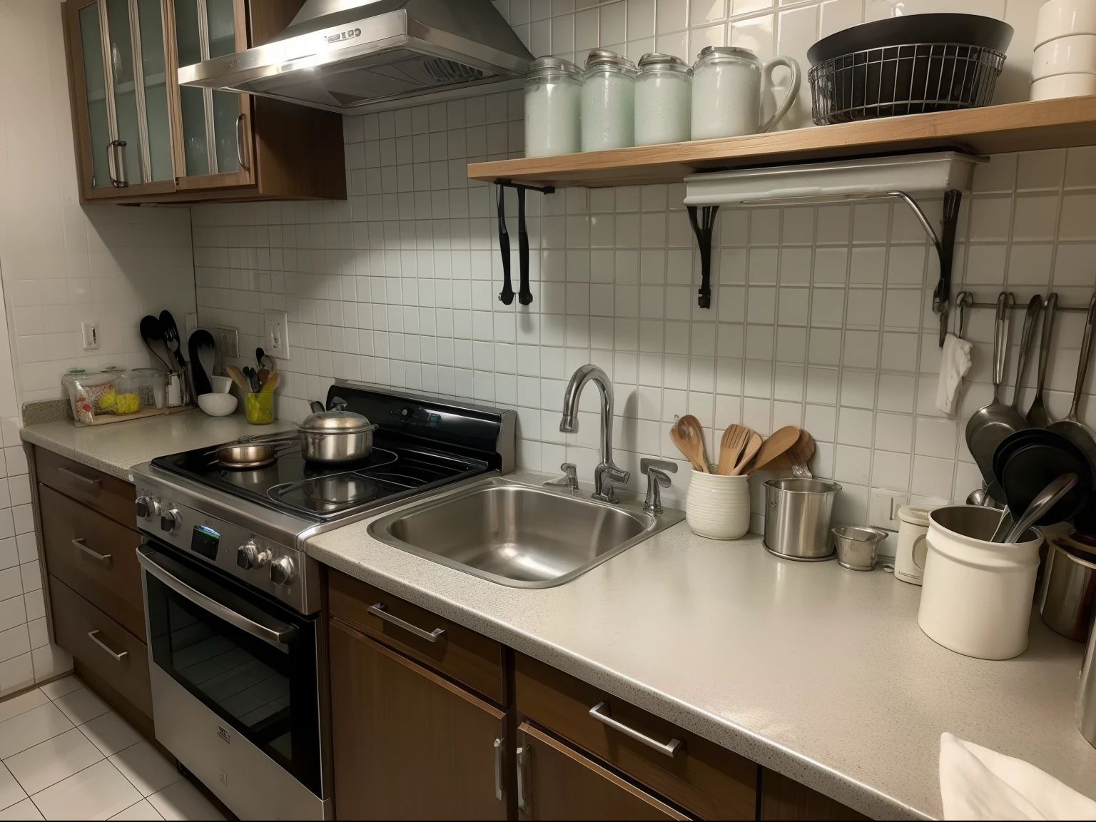 photorealistic,messy kitchen, silver of sink, Wash basin, Dirty dishes, stove