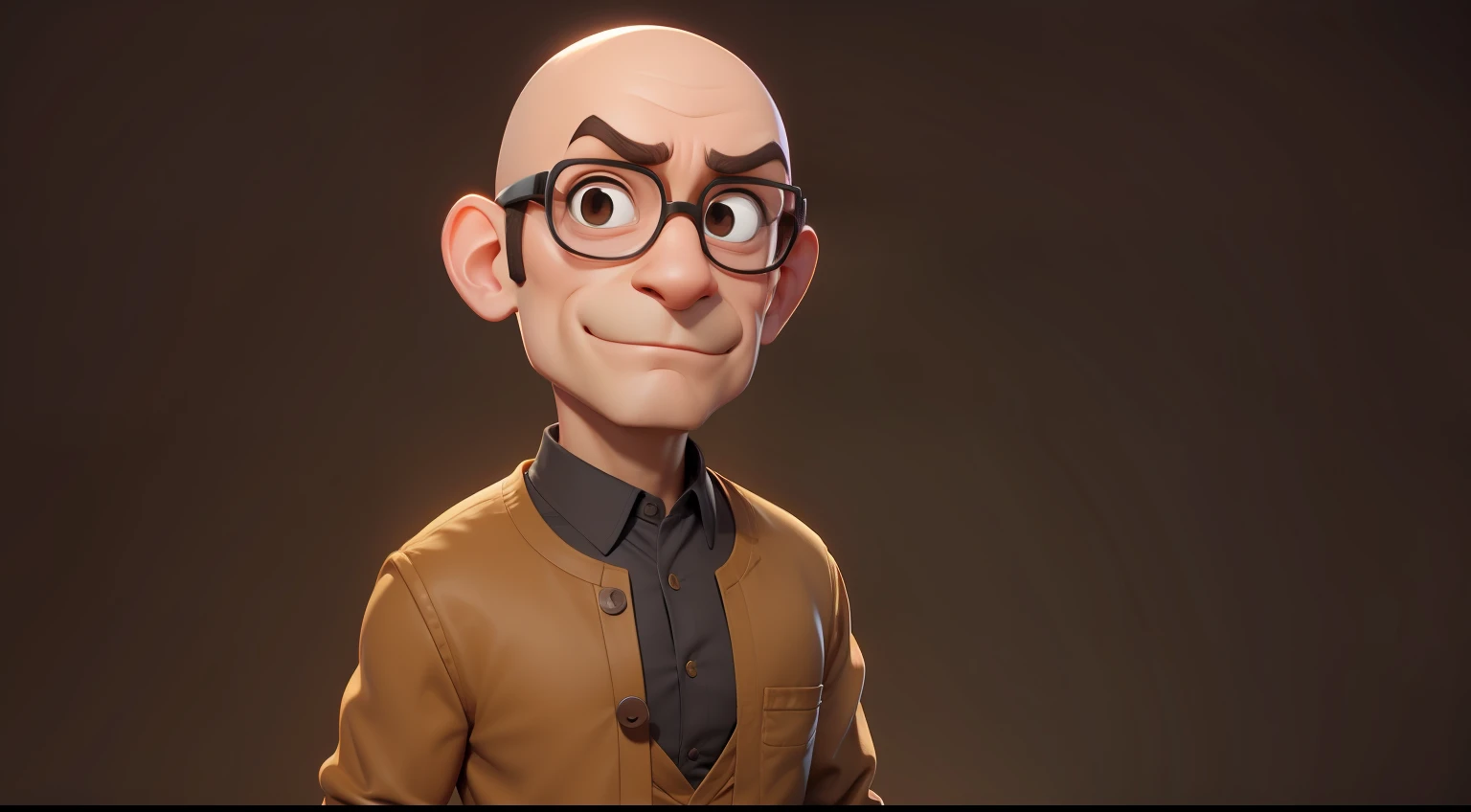 bald man, no hair , wearing glasses, no beard, brown clothes, full body pixar disney cartoon style