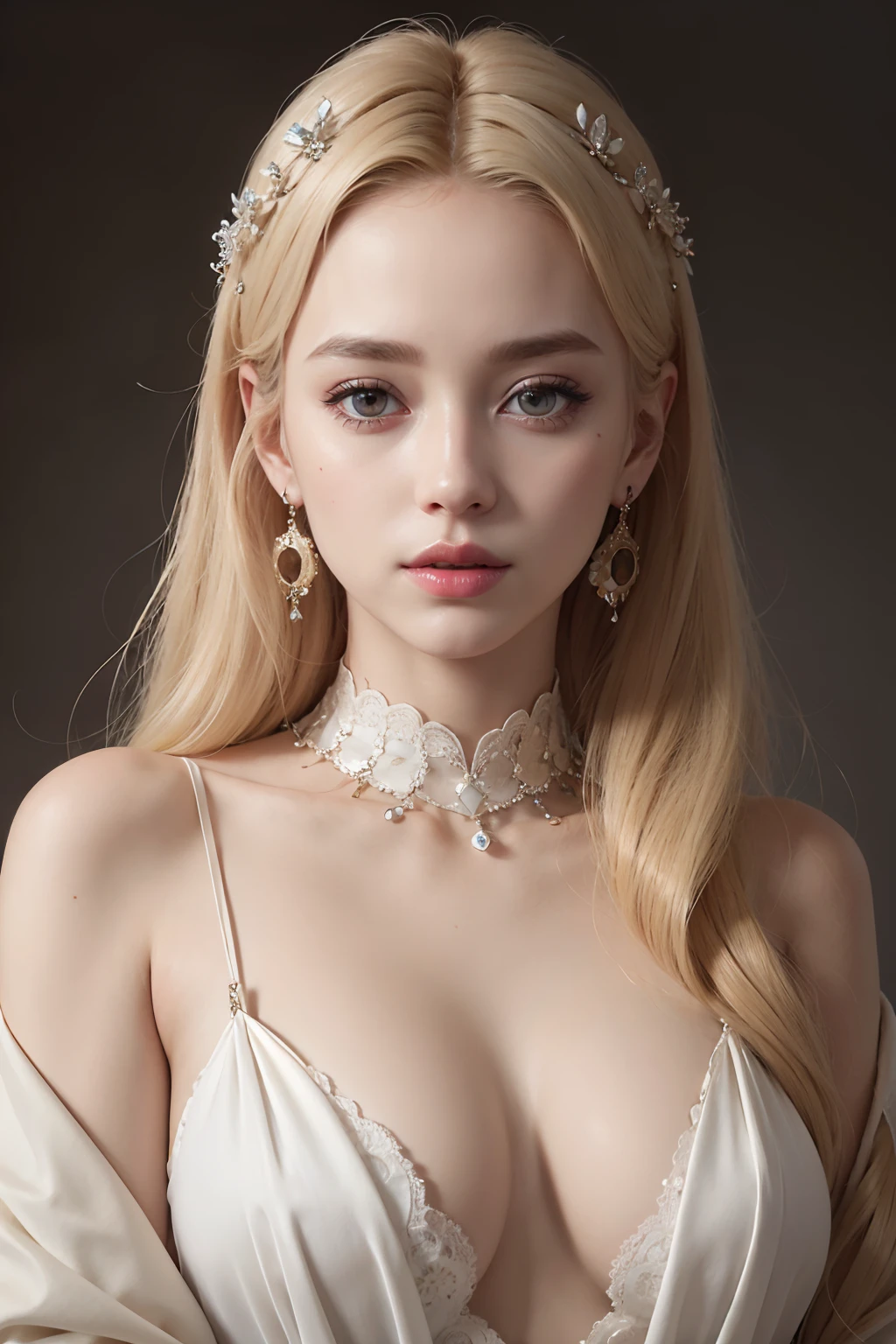Very beautiful princess bright eyes blonde hair jowlery super detailed hyper realistic masterpiece different lighting senarios full neck covered with outfit