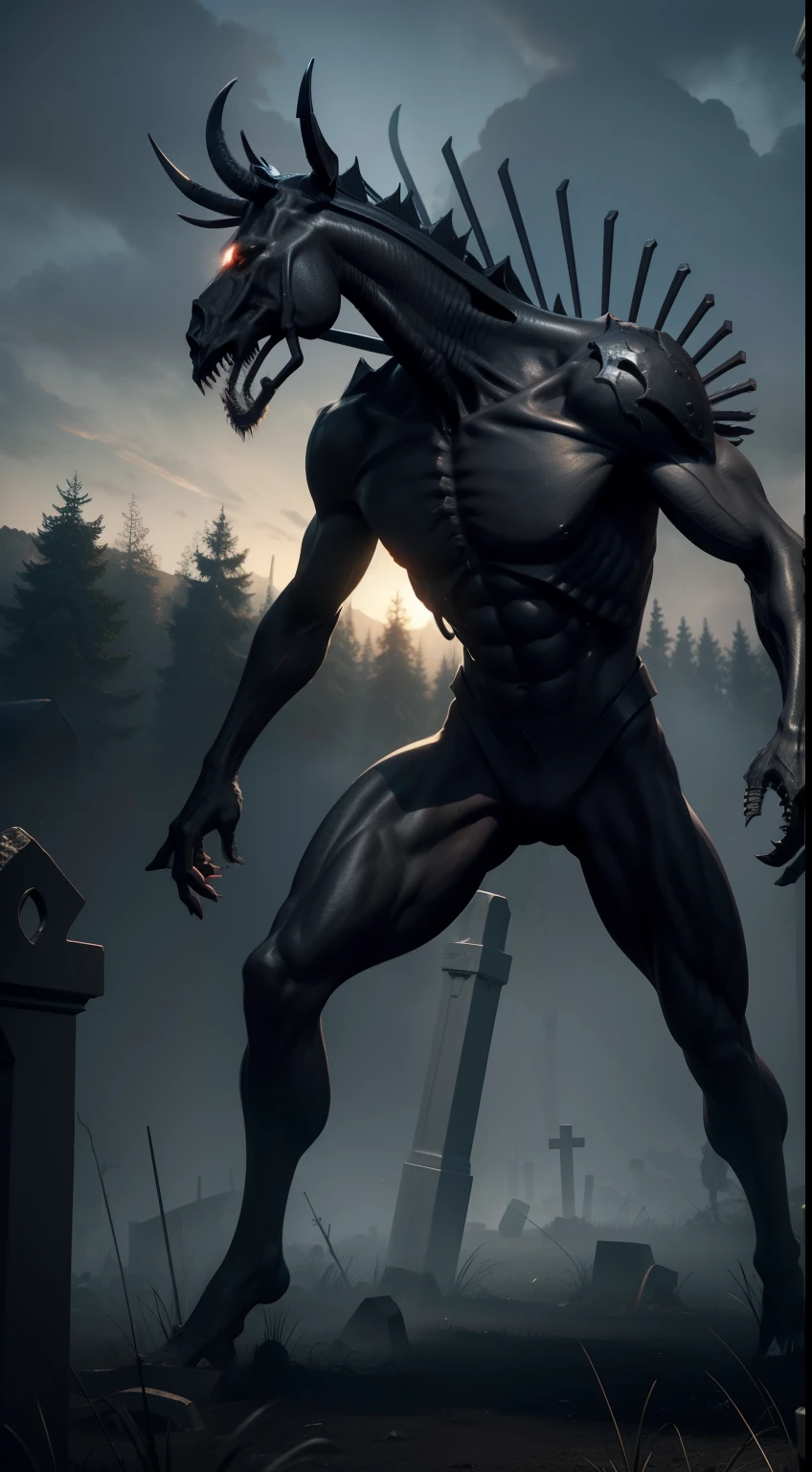 undead, nuckelavee, grave-yard-background, masterpiece, 3d render, high quality, high detailed, epic, dynamic effect, specular lighting, hdr, 8k full body picture quality, nanite raytraced, 8k resolution, intricate, dramatic, best quality, ultra high res, nu no humans, illustration, rich colors and exaggerated shapes,