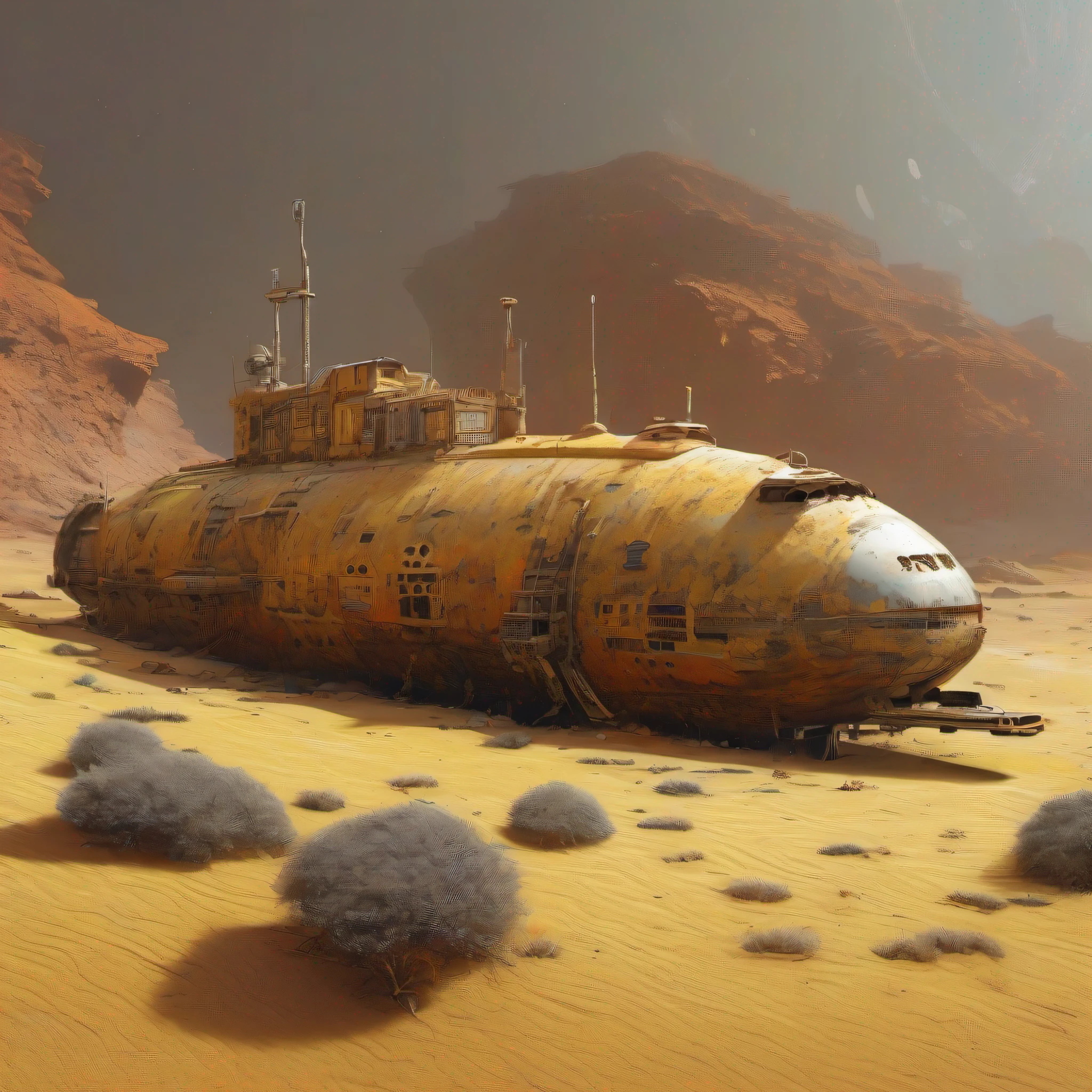 Old abandoned extraterrestrial submarine, half buried in the yellowish sand inside a Mars crater, rust, lichen, rust, lichen, style of Ian McQue