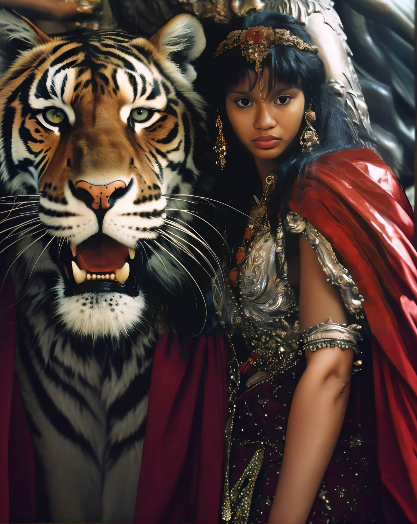 Woman in costume standing next to a tiger, Rainha da Selva, Directed by: Min Zhen, with magical creatures, tigre_animal, ((tigre)), tigre sagrado, princesa guerreira, Amano e Karol Bak, salma hayek as a barbarian, inspirado em Martin Schoeller, Directed by: Ju Lian, Uma jovem mulher como Genghis Khan