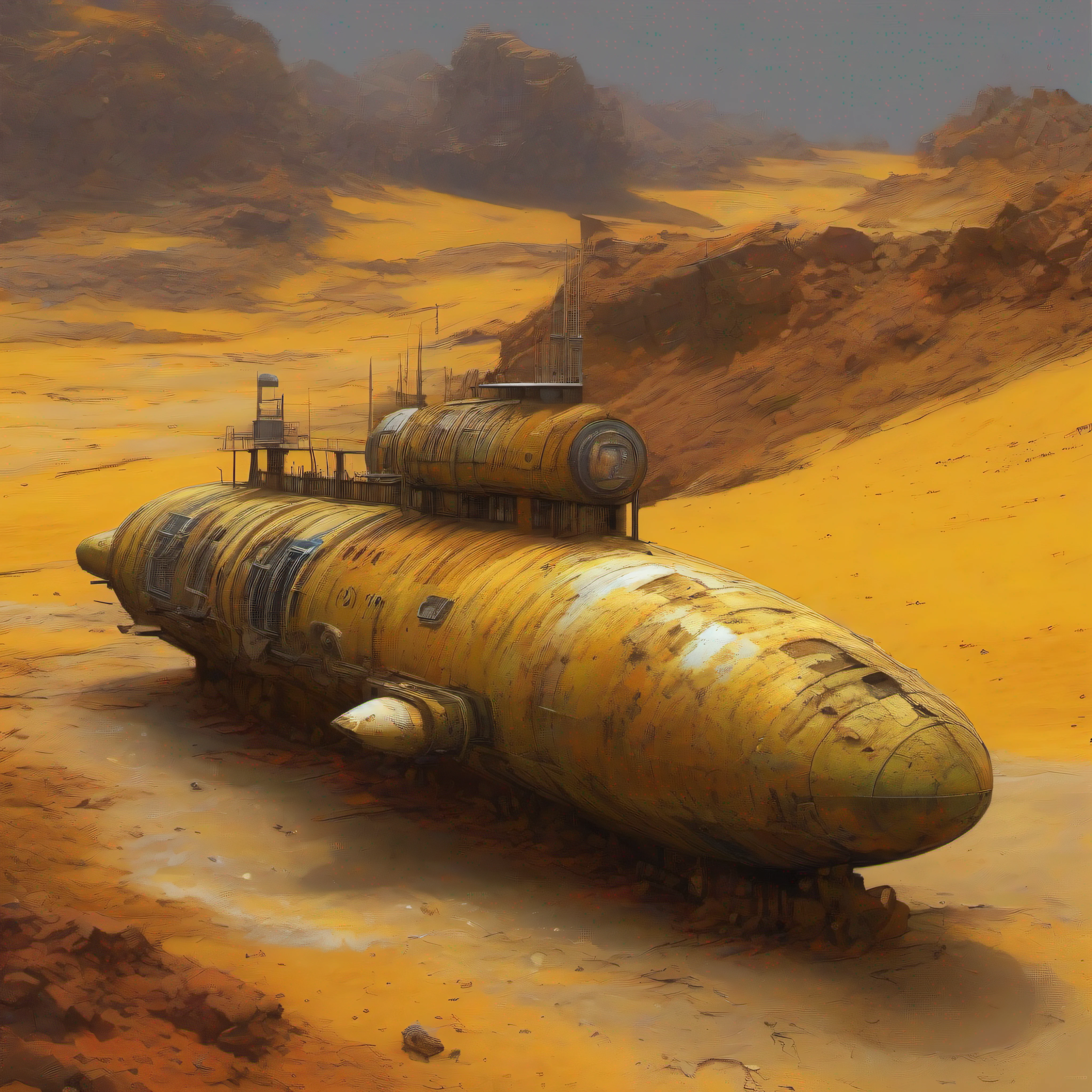 Old abandoned extraterrestrial submarine, half buried in the yellowish sand inside a Mars crater, rust, lichen, rust, lichen, style of Ian McQue