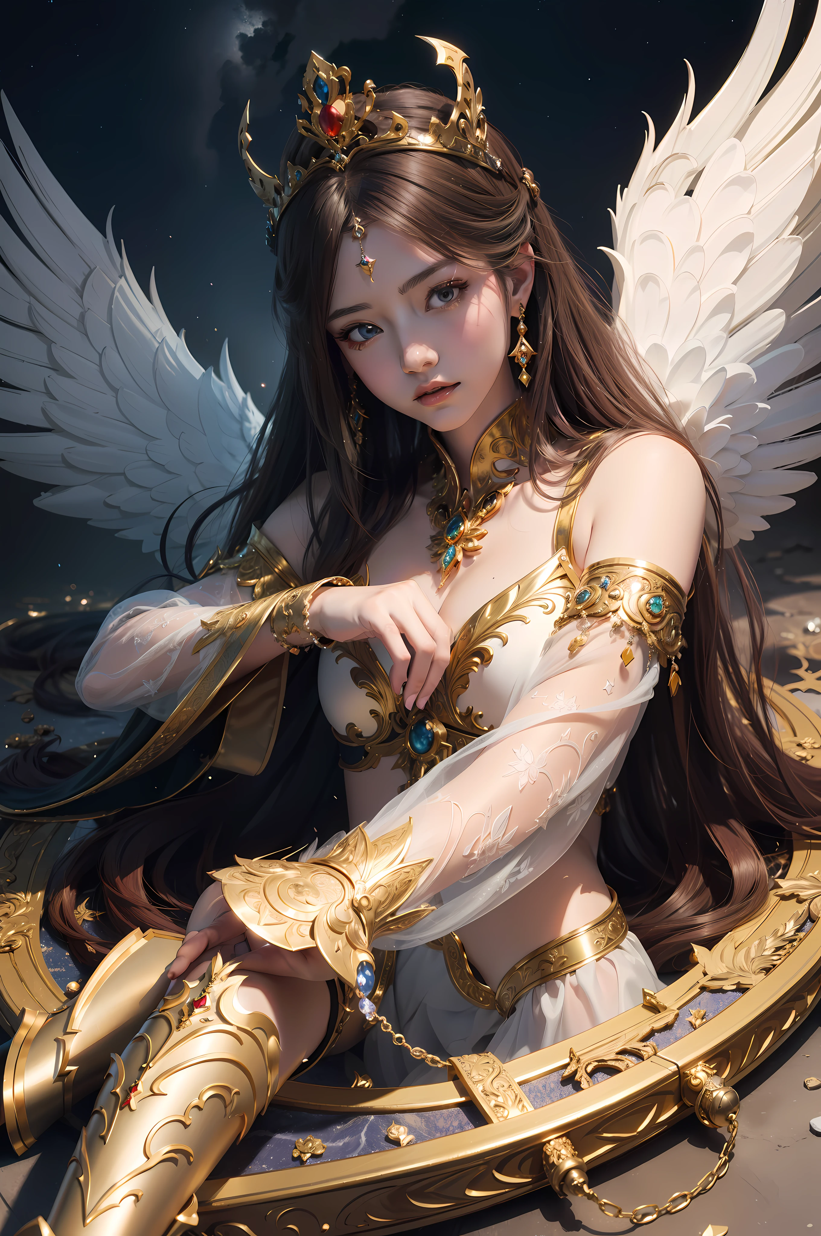 "Depict Yorick from League of Legends by Riot Games, reimagined as a female, in her Arclight skin, adorned in her radiant, golden armor with angelic wings and a glowing staff, having massive k-cups:1.55, (no having clothes: 1.77). She's in a celestial realm with shining pillars and holy light, in an attractive pose, casting divine spells."