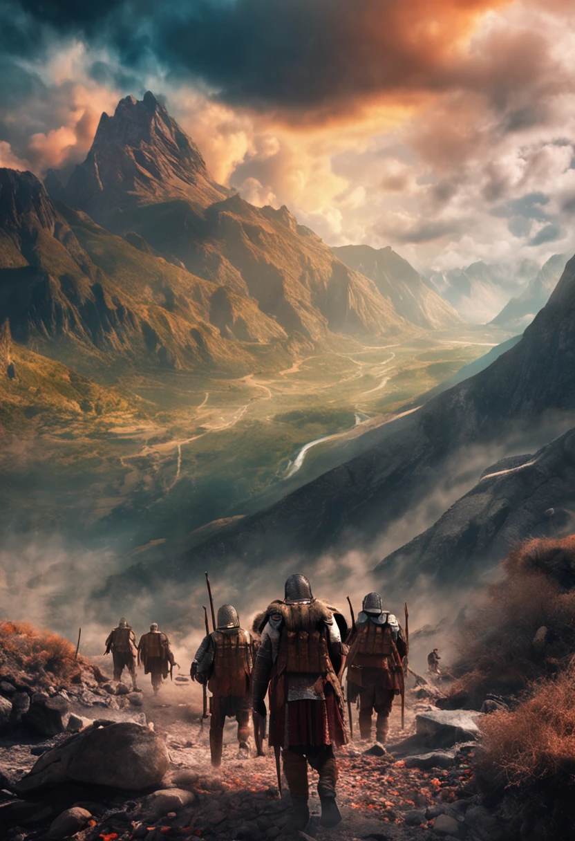A mural,A large number of soldiers dressed in ancient armor,Escape to a mountain,At the foot of the mountain, another group of soldiers surrounded them,The scene is magnificent