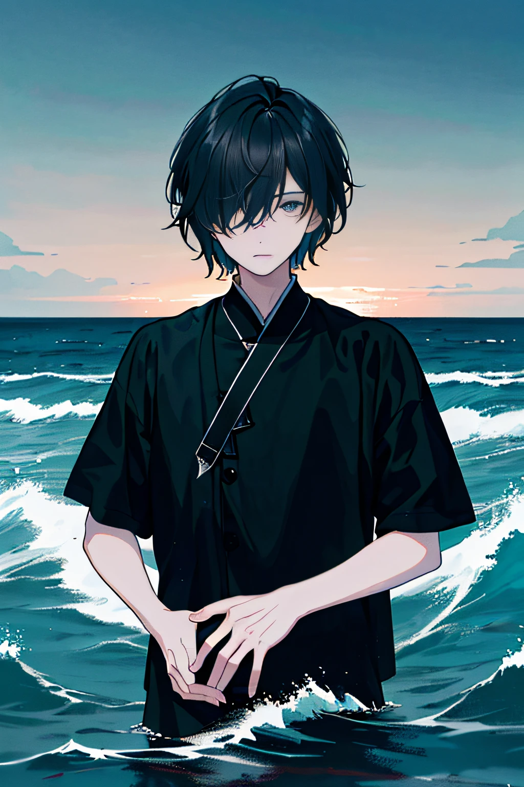 （best qualtiy）（4K）(Dark melancholy painting style+Sea backgroun)，（The ocean looks oppressive）(There is only one male character:Around )、(黑The eye)、(Black hair+covering eyes)、（eye detailed），(short detailed hair)、(The upper part of the body)（Exquisite hand details：1.2）