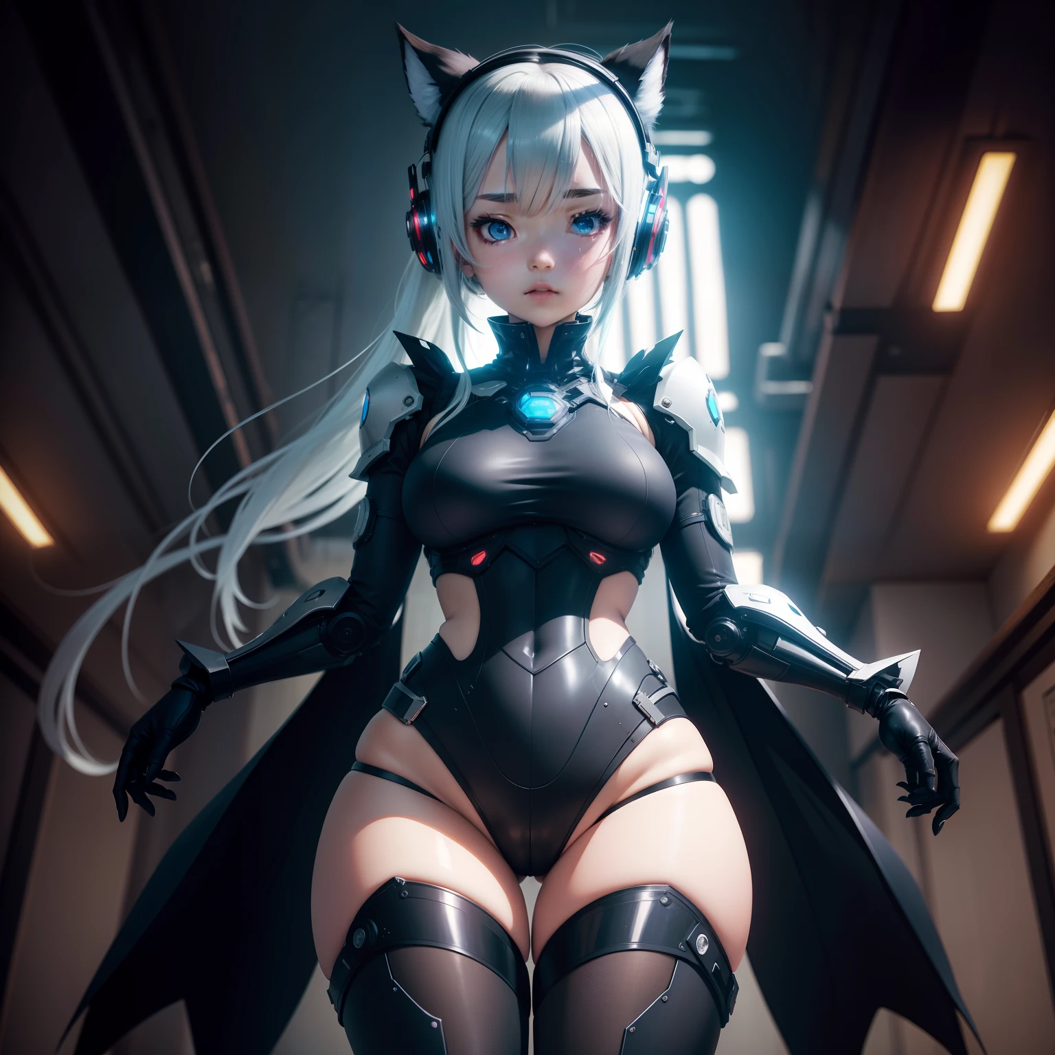 Anime characters standing in a dark room，with black background，spread their legs, 2b, 2 b, Biomechanical OPPAI, an oppai cyberpunk, Rem Rezero, Loli, gynoid body, SFW version, thicc, thick smooth warframe thighs, small curvaceous loli, frostbite 3 rendered, Sexy pose, the anime girl is crouching，Transparent high-leg tights，Raised ，