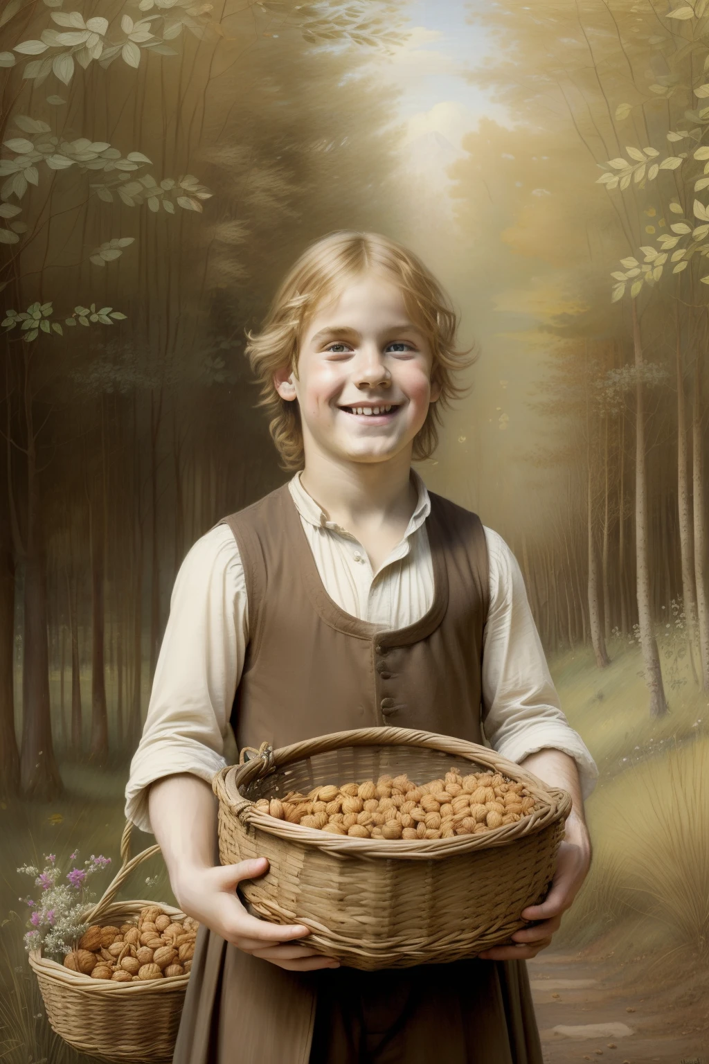 aveleiras trees. ((Pre-Raphaelite painting of a Celtic boy smiling blond angelic face holds a basket of hazelnuts, paisagem celta com muitas aveleiras)))