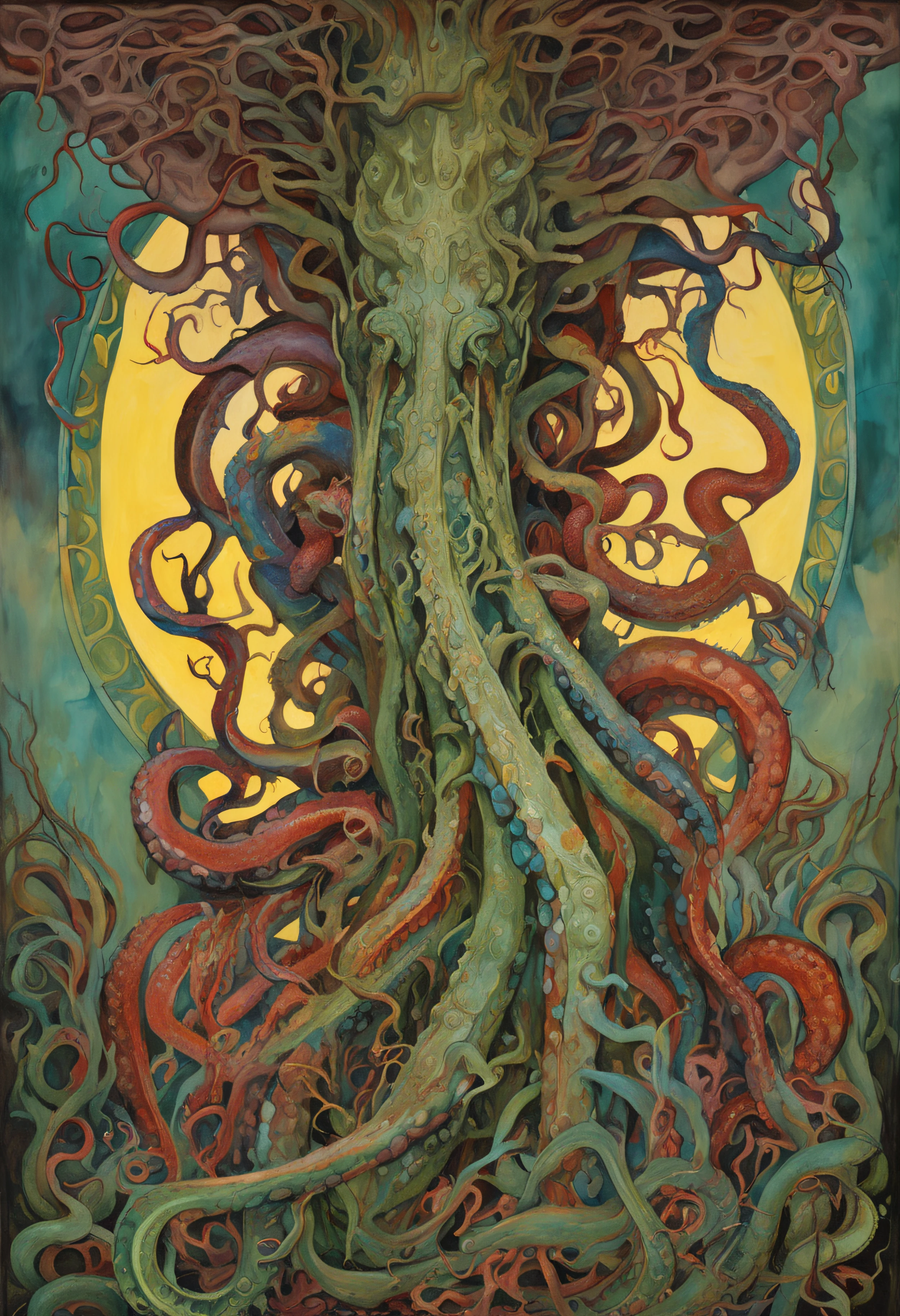 Tentacle demon tree, tentacle tree, plant tentacle, binding, devouring goddess, magic, tentacle trunk inlaid with a beautiful woman, inlaid with a woman kneeling in the tentacle tree fused with the demon tree, covered with tentacles, fine details. Anime. Tentacles, tentacles surrounding, wrapped around colored tentacles, some tentacles touching her, huge greasy tentacles and eyes, many sucked tentacles. Hybrid, biomechanical Oppein, many tentacles, densely packed tentacles, mucus and tentacles, twisted tentacles