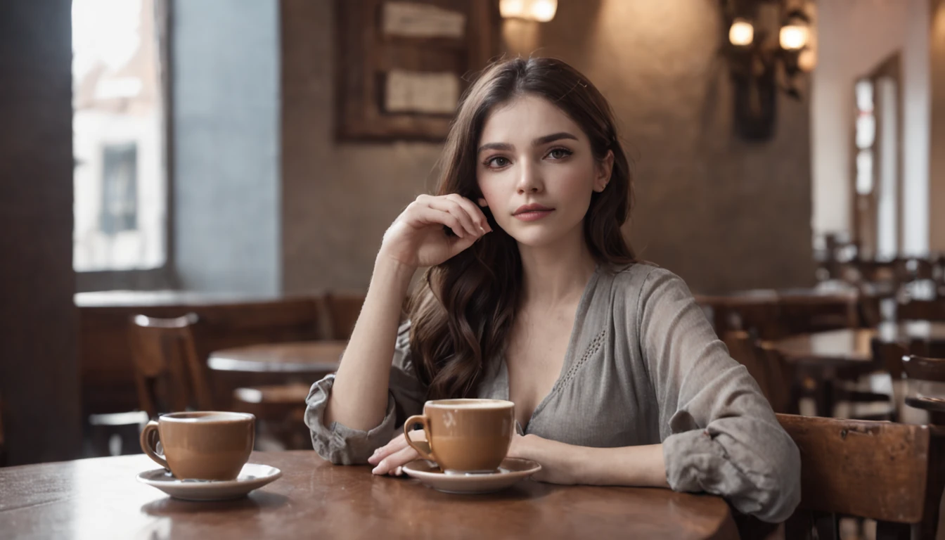 a woman at a table with a cup of coffee, garota misteriosa da cafeteria, sitting in a café, sitting in a café by herself, visual real de uma senhora bonita, sitting alone in a café, Kawacy, 4k