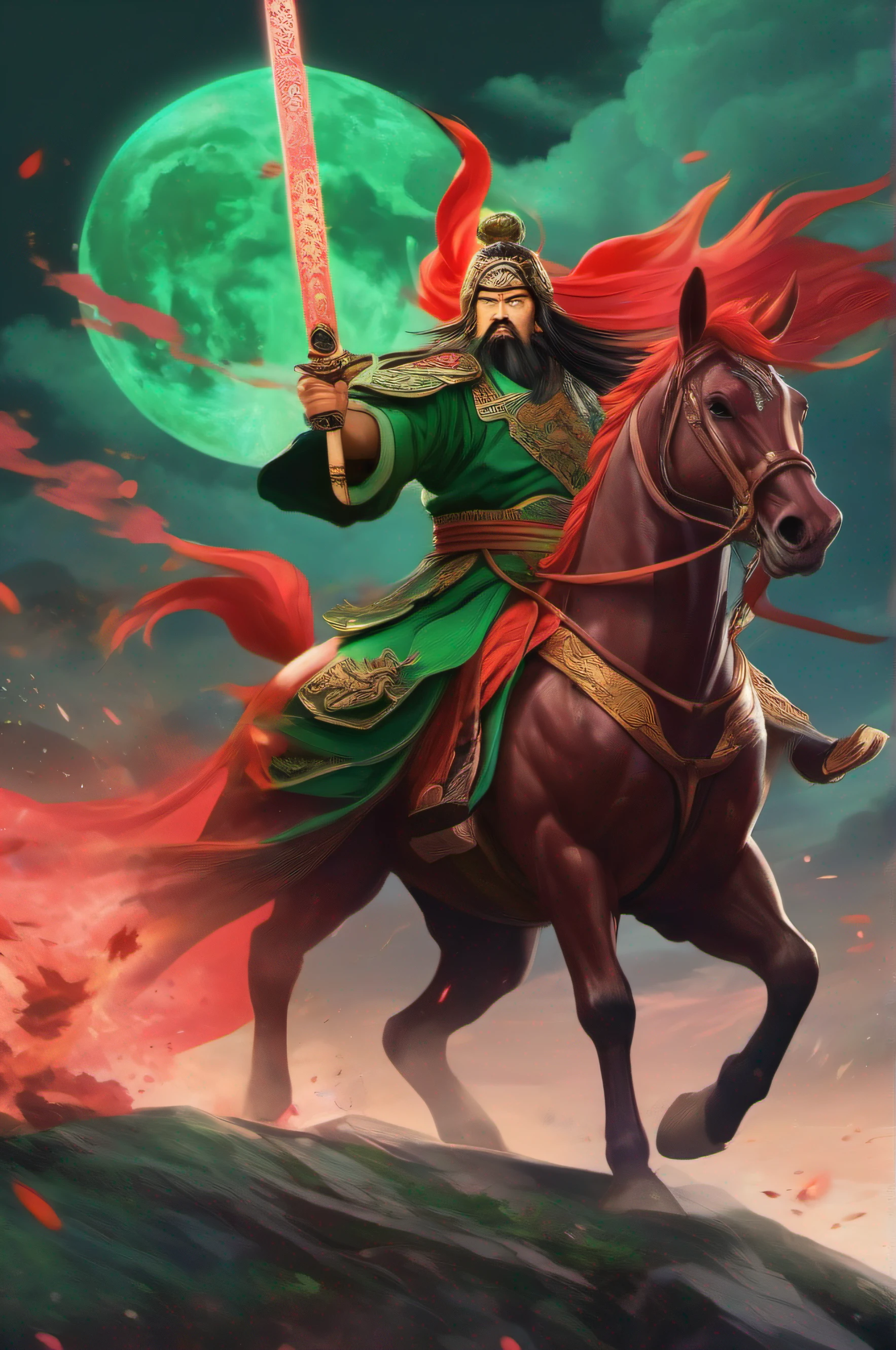 Guan Yu rode a red rabbit horse,Wearing a green robe,Wield the Moon Knife,character splash art,With lightning on your side。