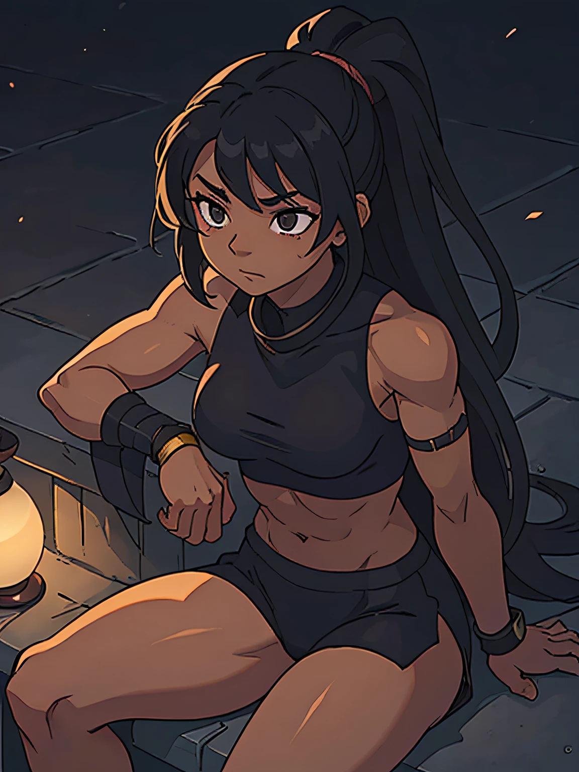 A dark-skinned kunoichi calmly sitting in the shadows, baggy sleep-deprived eyes, feminine curves and very lean musculature.