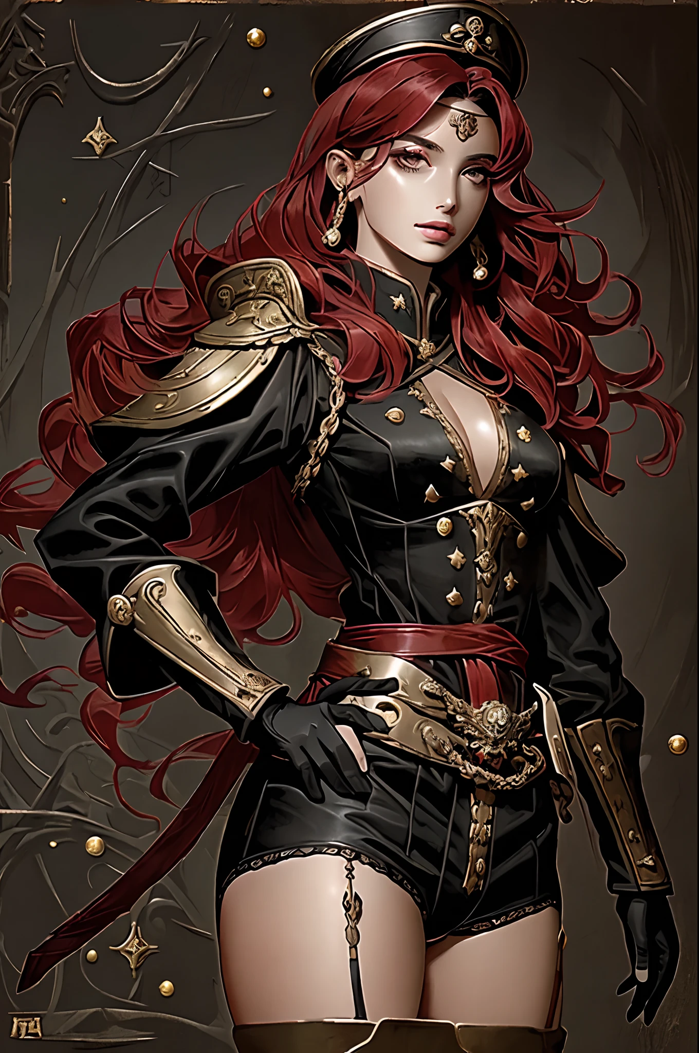 warhammer 40k commissar, (((mulher))), (((melhor qualidade))), (((obra prima))), (((adulto))), ((( Vision from the waist up ))), estilo quadrinhos, Uma mulher guerreira gladiadora Barbara loira, of 30 years with athletic body, Post Apocalypse, Armadura moderna, capuz, Half-moon symbols and gold stars on clothing, Arabic symbols, muitas joias, (((sozinho))), (((1girl))) , Gladiadores do Brooklyn, quase nua no estilo selvagem urbano de Simon Bisley para a capa da revista Heavy Metal, cabelos moicanos, pose sensual, tiny leather panties, Minimum clothing, black and red arabesque pattern, armadura, cheio de pontas e estrelas, (((da cintura pra cima))), cabelo colorido, 8k