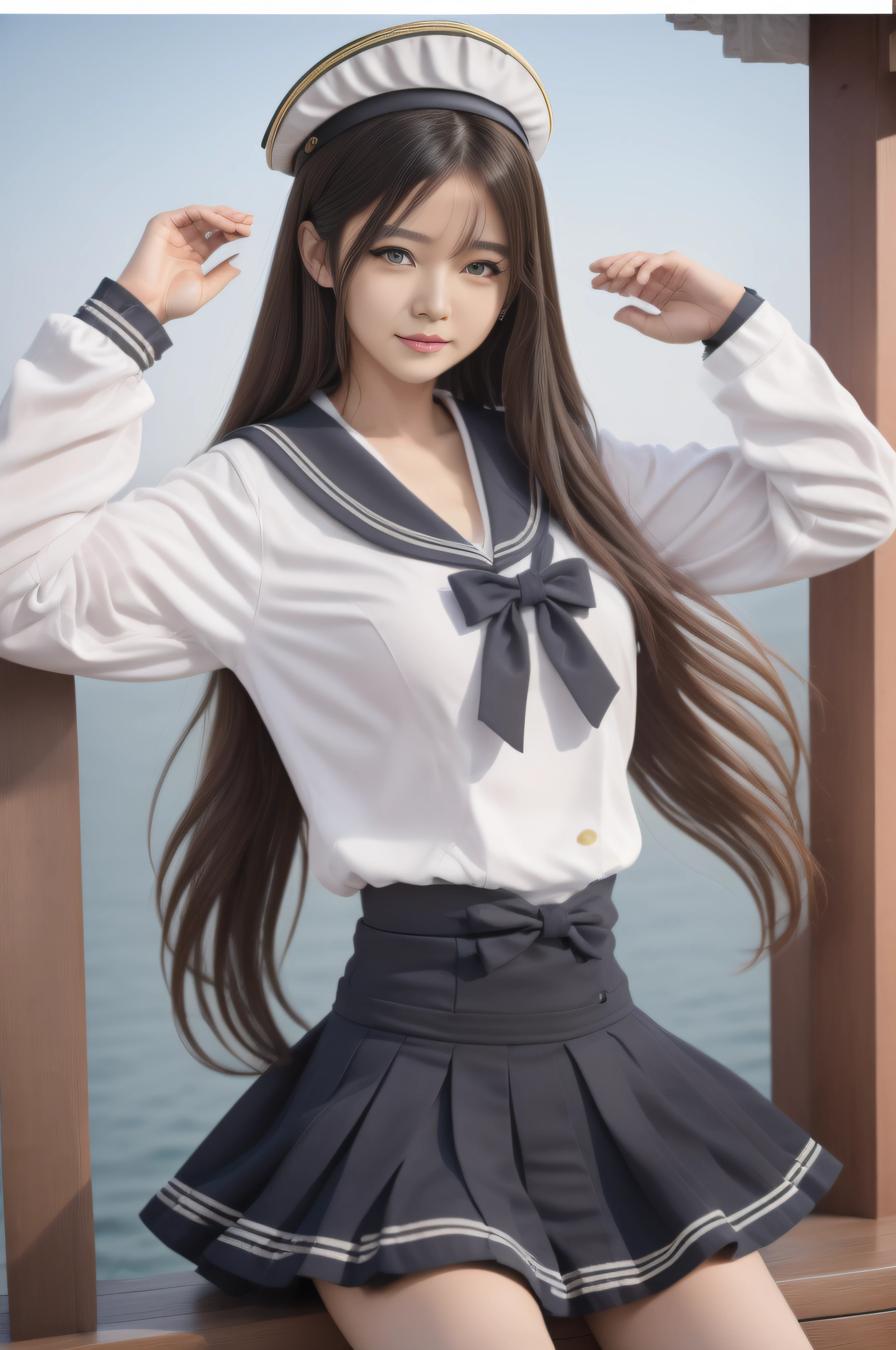 A girl，年轻，Black color hair，horse tailed，a sailor suit,best qualtiy，best illuminate，Highest high resolution，16k，Meticulous details，full body shot shot,realisticlying,beachside,The bust is huge,full bodyesbian,sockes