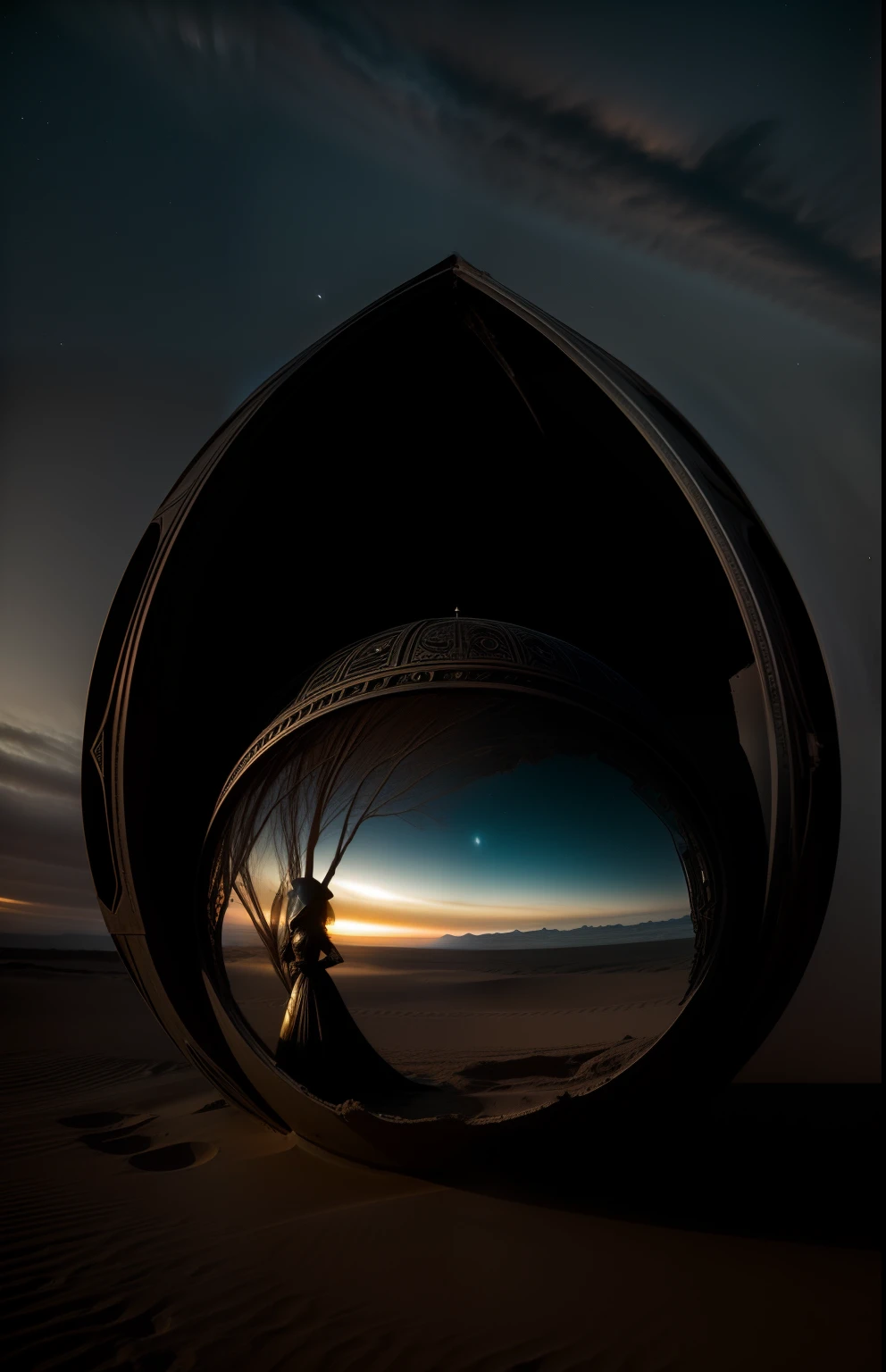 Intricate craftsmanship, Dark black art fantasy, The illusion of fashionable seduction and cuteness has always haunted me, Distorting All Reality A charming Midsummer Eve, Alien Alien Queen, Crouch in the wreckage of an alien spaceship,Half-buried in the sand of a desolate planet,There are 2 satellites on the horizon , Eye contact, author:Paul Zizka