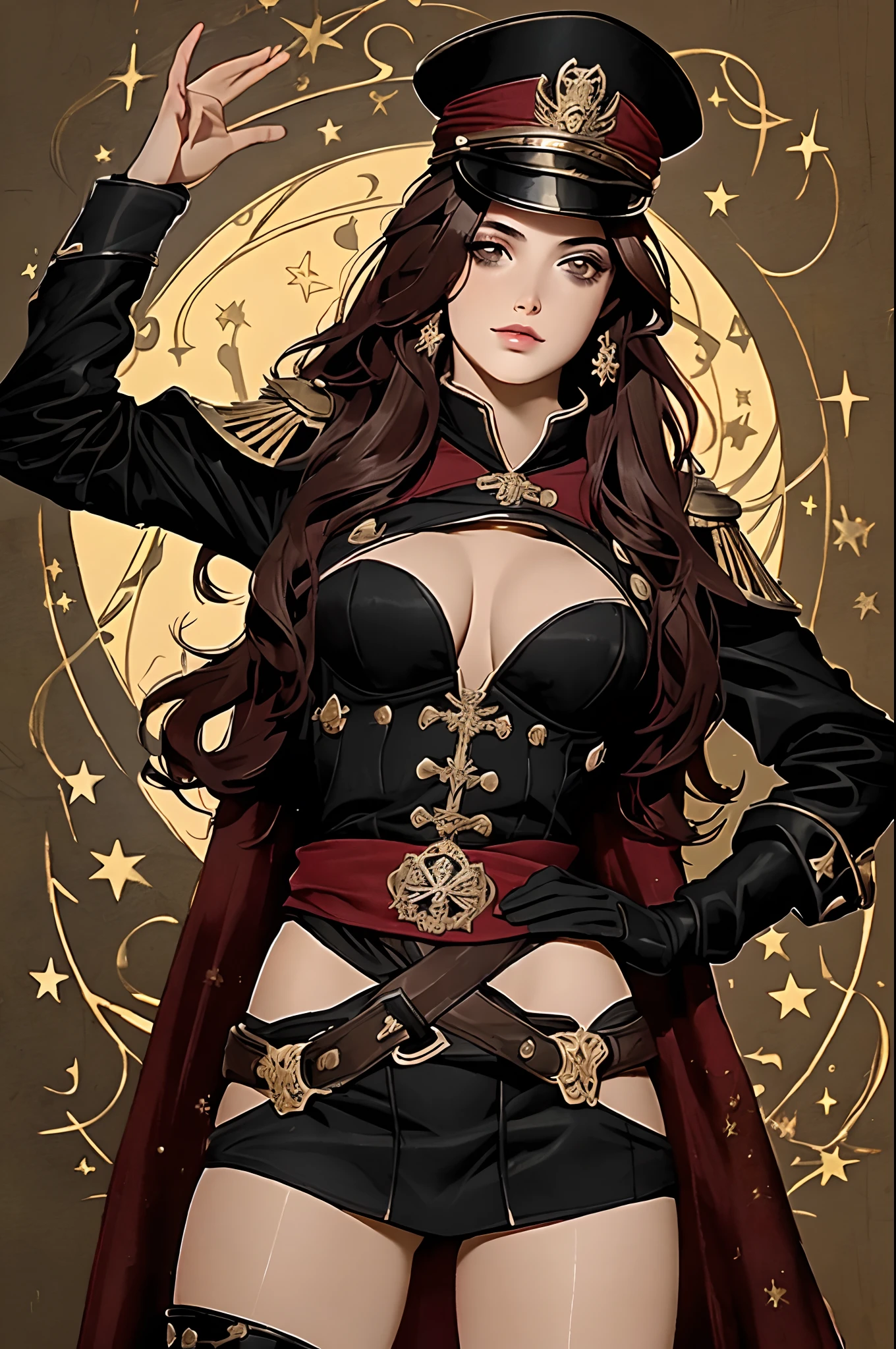 warhammer 40k commissar, (((mulher))), (((melhor qualidade))), (((obra prima))), (((adulto))), ((( Vision from the waist up ))), estilo quadrinhos, Uma mulher guerreira gladiadora Barbara loira, of 30 years with athletic body, Post Apocalypse, Armadura moderna, capuz, Half-moon symbols and gold stars on clothing, Arabic symbols, muitas joias, (((sozinho))), (((1girl))) , Gladiadores do Brooklyn, quase nua no estilo selvagem urbano de Simon Bisley para a capa da revista Heavy Metal, cabelos moicanos, pose sensual, tiny leather panties, Minimum clothing, black and red arabesque pattern, armadura, cheio de pontas e estrelas, (((da cintura pra cima))), cabelo colorido, 8k