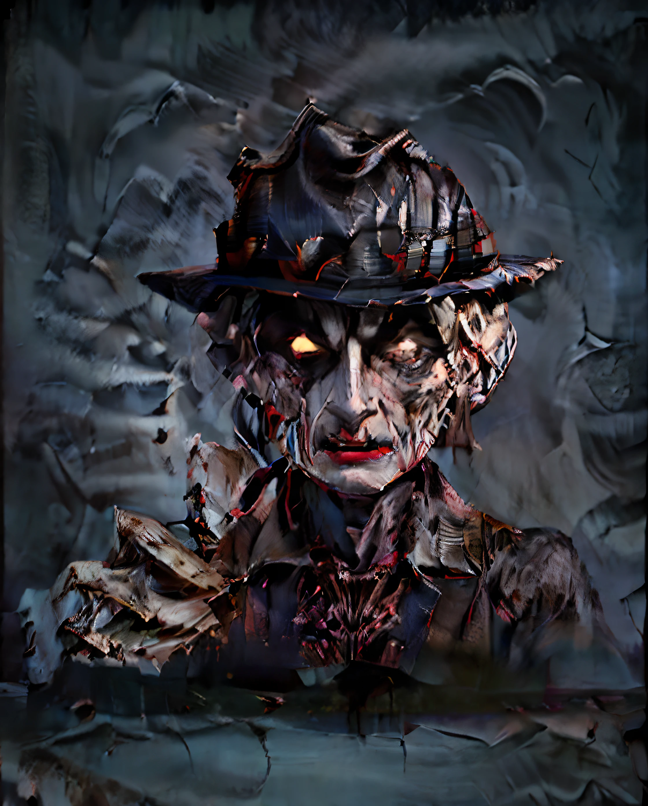 a cartoon image of a person with a hat and a knife, freddy krueger style, freddy krueger, horror movie characters, inspired by Alfred Freddy Krupa, by Eddie Mendoza, horror style, ( ( ( horror art ) ) ), movie character, horror!! highly detailed, scarry, horror art, iconic film character, by Clark Voorhees, from horror movies