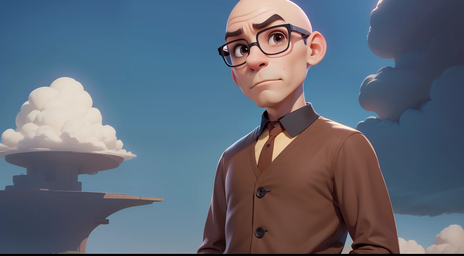 bald man, no hair , wearing glasses, no beard, brown clothes, full body , showing the sky, pixar disney cartoon style
