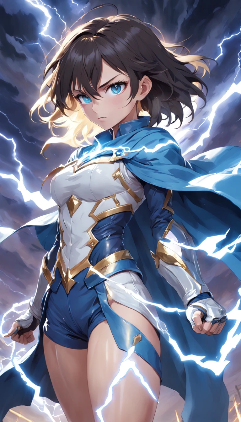 18year old, Right eye is blue, Left eye is black, Different eye colors, ((Dagger in left hand)), The power of lightning in the dagger, ((Gauntlet on right arm)), The Gauntlet Has the Power of the Wind, (blue cloak), (Blue muffler), (White shirt under blue cloak, white short pants, thighs thighs thighs thighs, Pommel boots, Light clothing with an emphasis on speed、 A dark-haired, shinny hair, Pupil mismatch, Scleral mismatch, chromatic abberation, masterpiece, tre anatomically correct, Skin texture, hightquality, awardwinning, top-quality, hight resolution, 85mm, Canon, speed lines, dutch angle, wide shot, Wide-Angle, UHD, 8k, HD, UHD, masterpiece, ccurate, textured skin, super detail, high details, award winning, best quality, 16k, highres