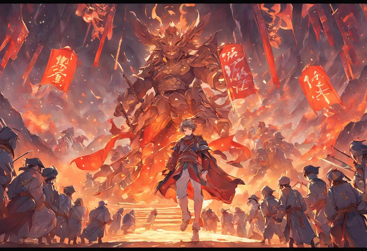 A mural，A large number of soldiers wearing ancient Chinese armor，Escape to a mountain，At the foot of the mountain, another group of soldiers surrounded them