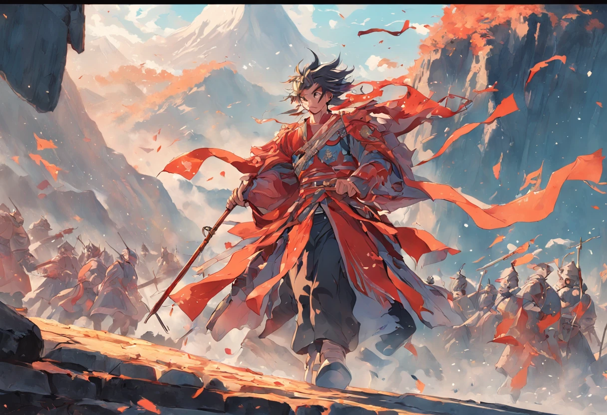 A mural,A large number of soldiers wearing ancient Chinese armor,Escape to a mountain,At the foot of the mountain, another group of soldiers surrounded them