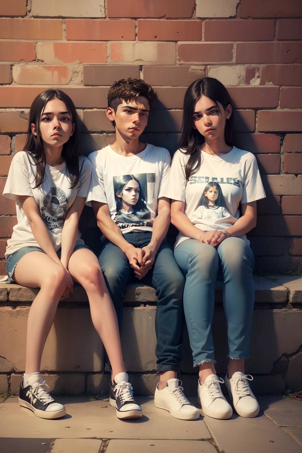 Cena com 5 adolescentes, vestidos com jeans, T-shirts and sneakers, sitting on the floor and leaning against a brick wall. Their faces express indifference, Laziness and discontent. Assemelham-se a uma banda de rock'n roll. fotografia preto e branco, desgastada com o tempo.