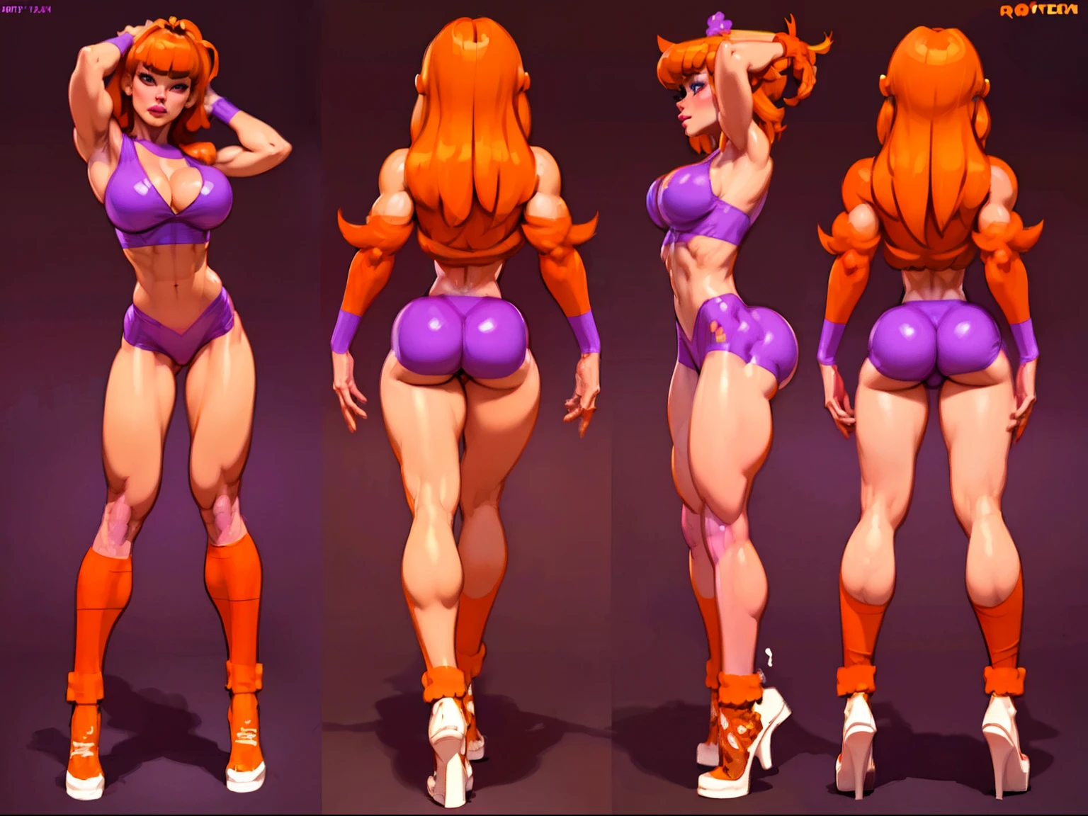 ((masterpiece)),(((best quality))),((character design sheet)), illustration,1woman, environment Scene change,  hair bangs, leg warmers, muscular, white legs, thick legs, (white skin:1.2)scribbles and marks, fire, ((detailed face:1.1)), rough sketches, pose too, ((orange hair:1.2)), (purple:1.3) , 8k,16k, (simple background, light background: 1.3)