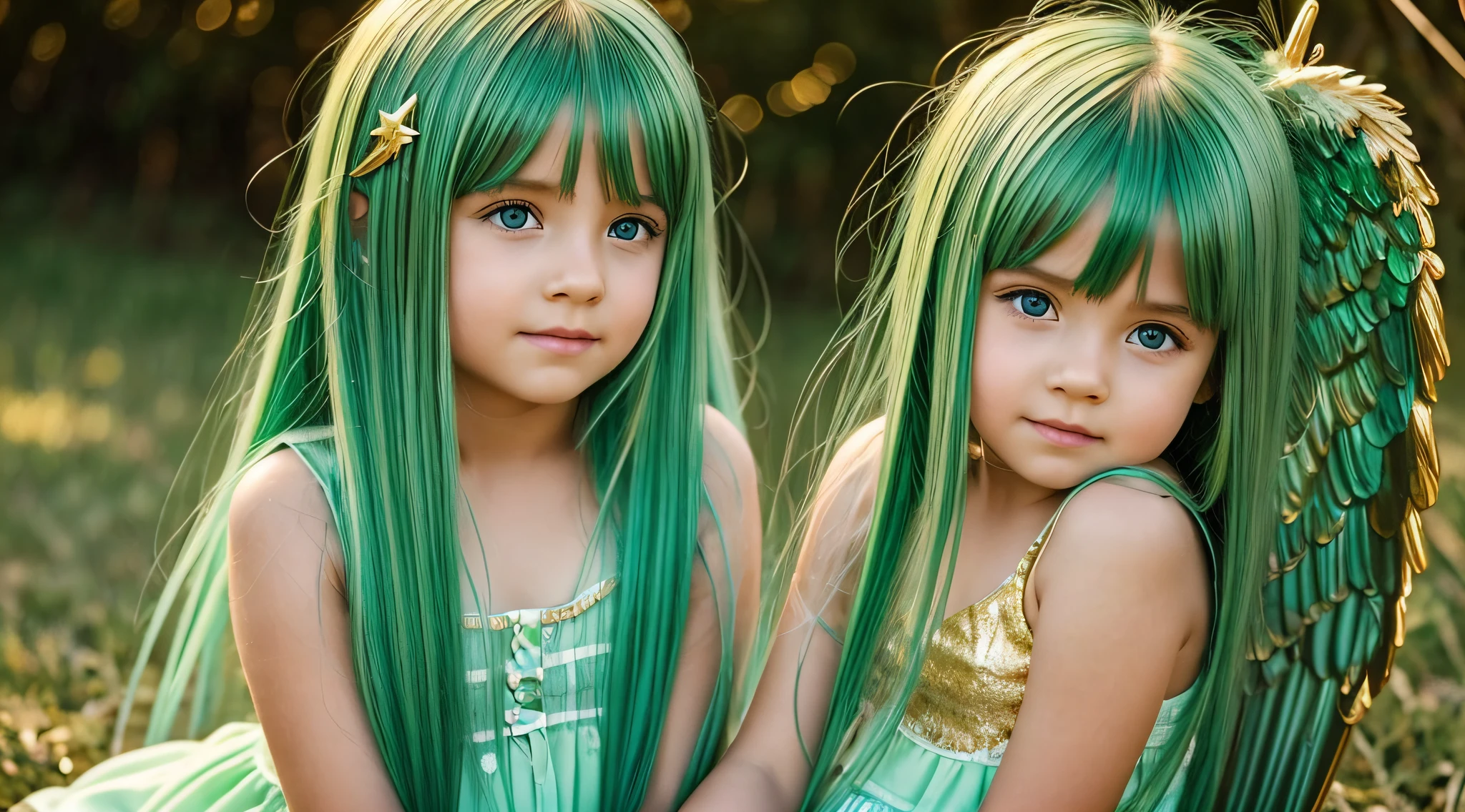 CHILDREN GREEN HAIR GOLDEN ANGEL GIRL.