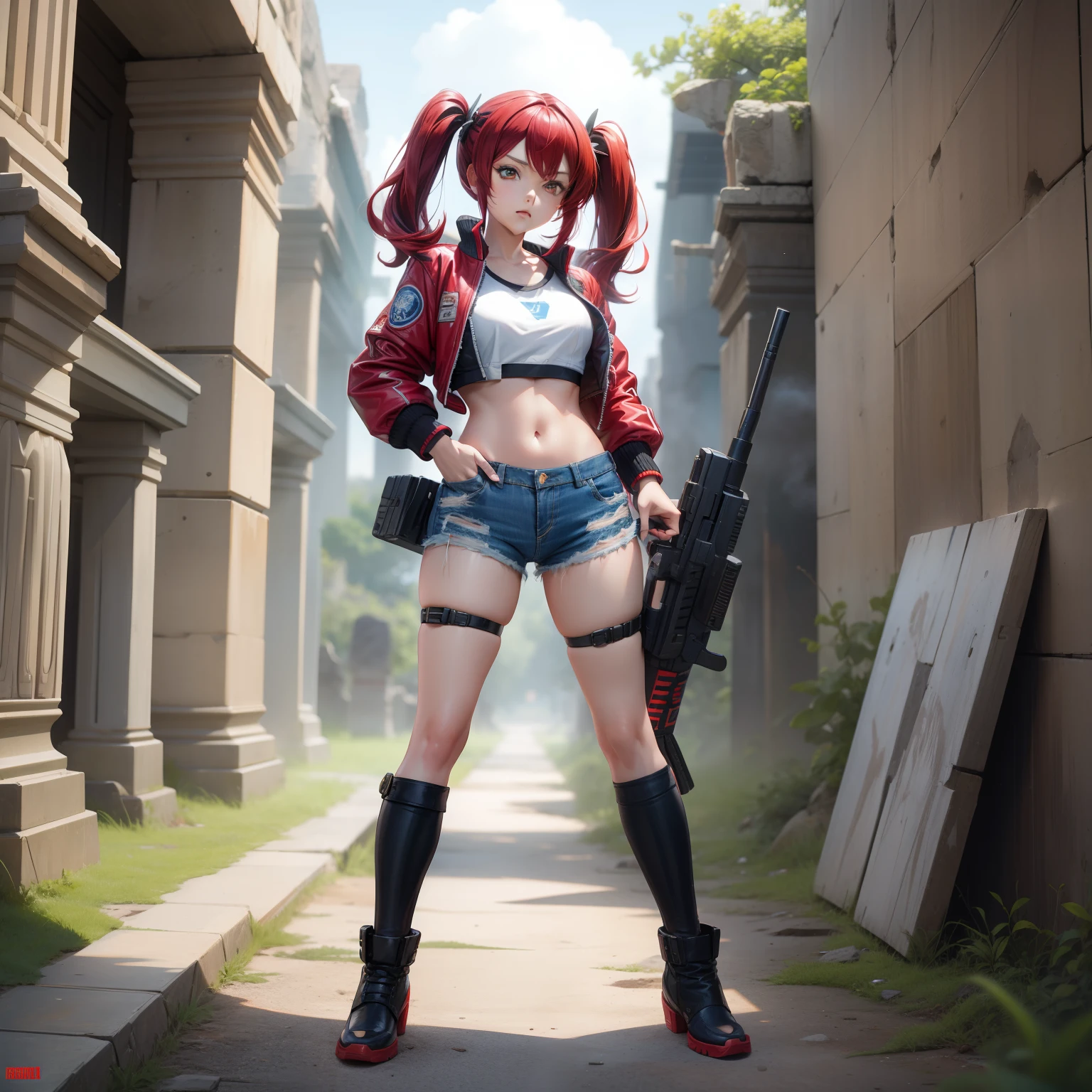 Female asian Irina Shidou red hair twintails, in ancient Mayan ruins, wearing bomber jacket and crop top and denim shorts, laser rifle in right hand, gatlin gun in left hand, full body shot, masterpiece, high resolution, high definition, detailed