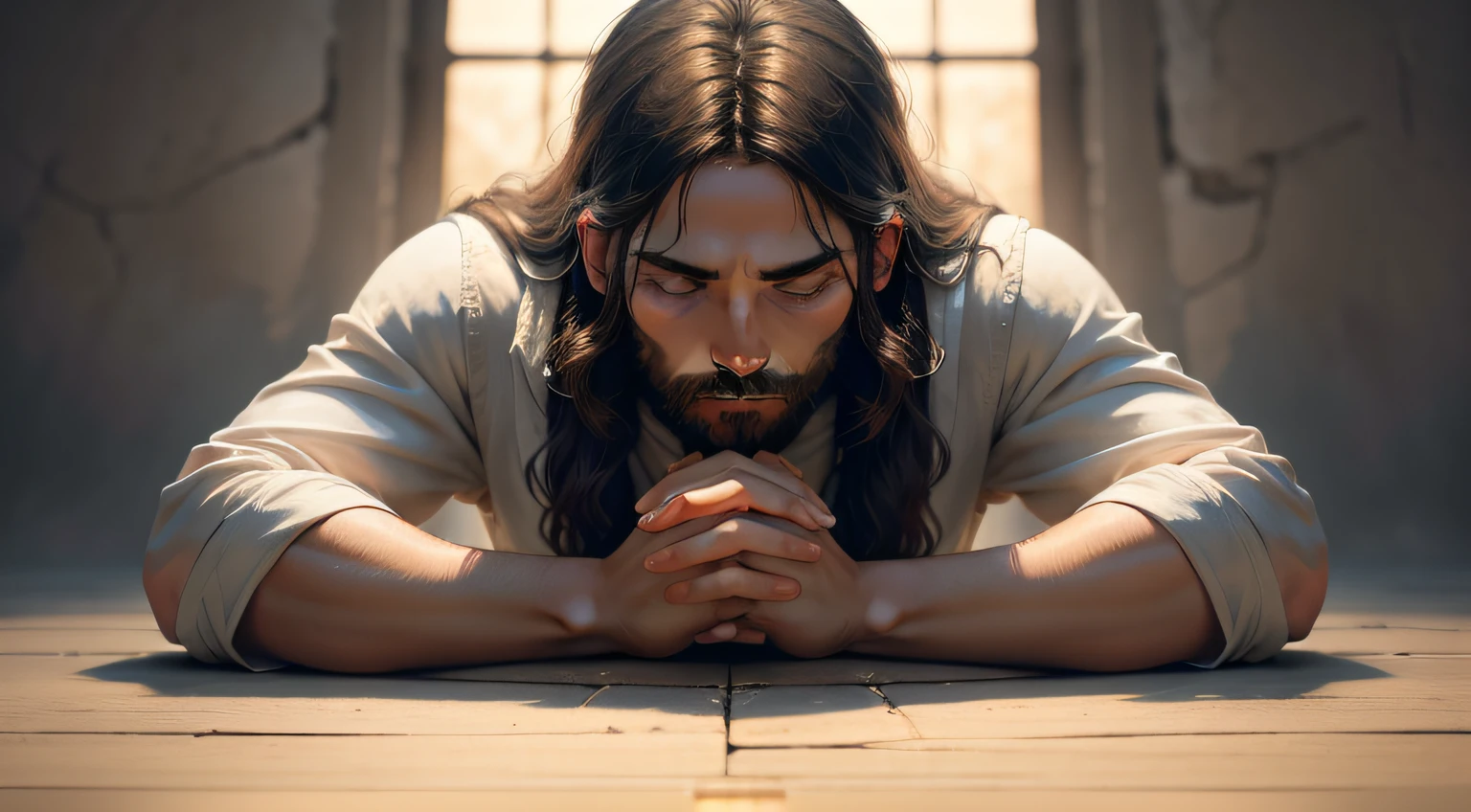 Create an image of Jesus Christ praying with closed hands