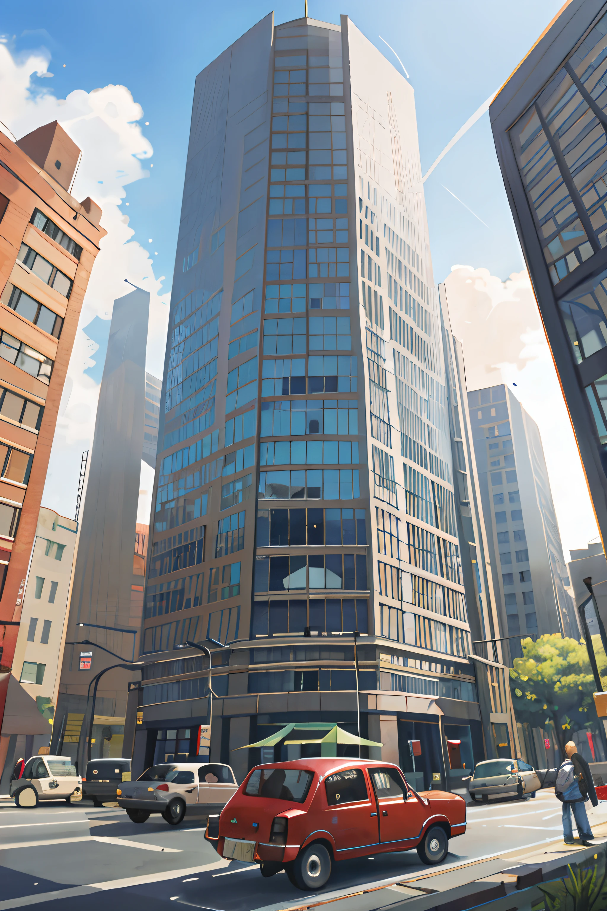 The library in the center of the city is、With antennas busy with many cars and motorcycles