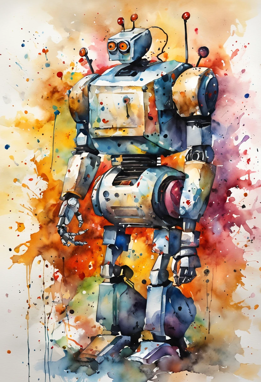 robot in a thinking position, background: creativity exploding, wild paint, jackson pollock, futuristig, rtx, octan renderer, irreal
