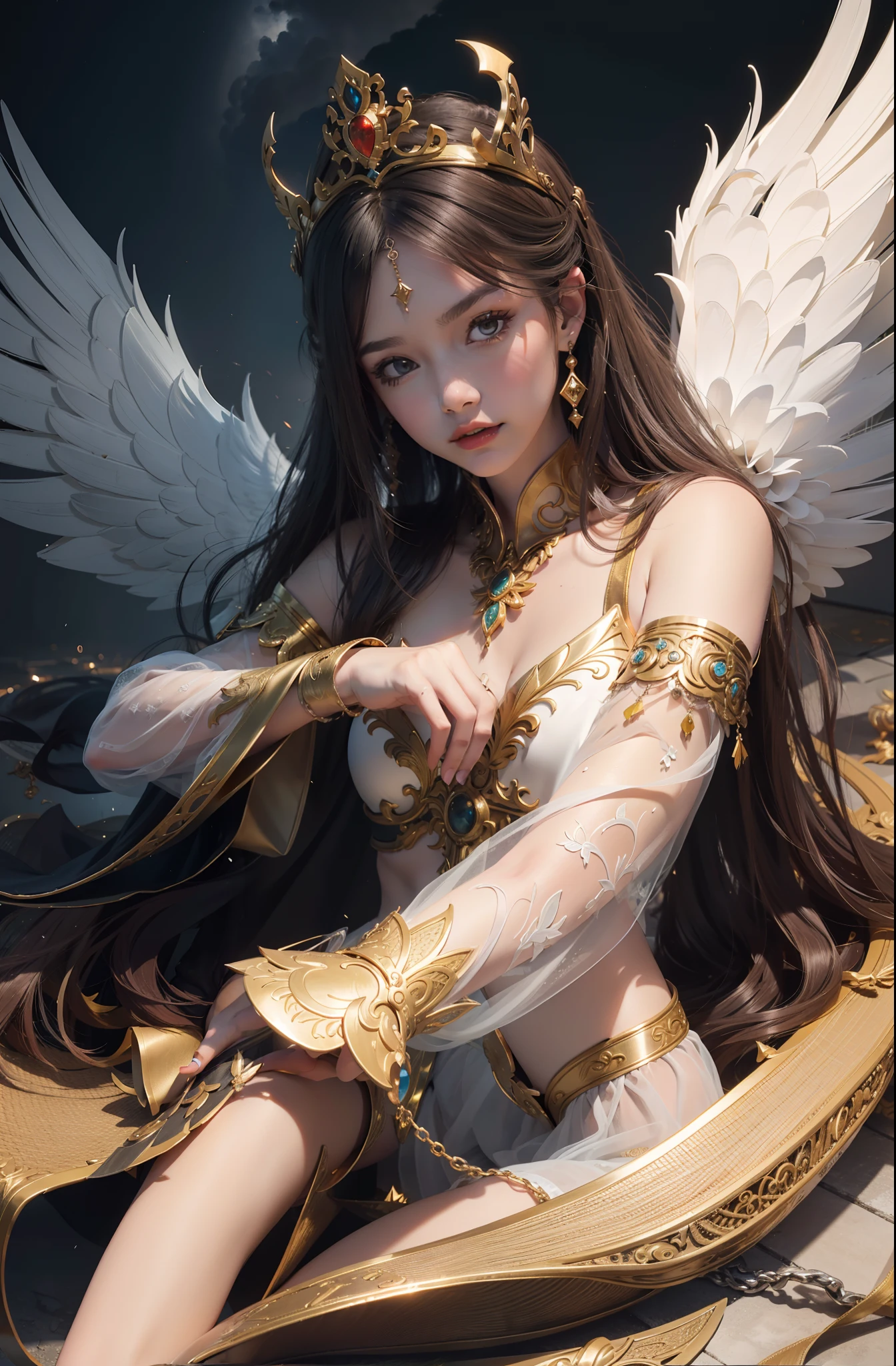 masterpiece,highest quality,ultra high resolution,(one woman:1.5),(25 years old:1.2),stupid solution, Super detailed,(realistic:1.4,),(Twelve gods will:1.4),(bird mandala background:1.5),(Japanese god:1.5 ),(Medieval bird-like Japanese armor:1.5),(Bird wings:1.5),(God's Clothing:1.4),(bird shape earrings:1.5),(chicken-like accessories:1.4),(big breasts:1.4),(long hair:1.4),(Wielding a sword:1.5)