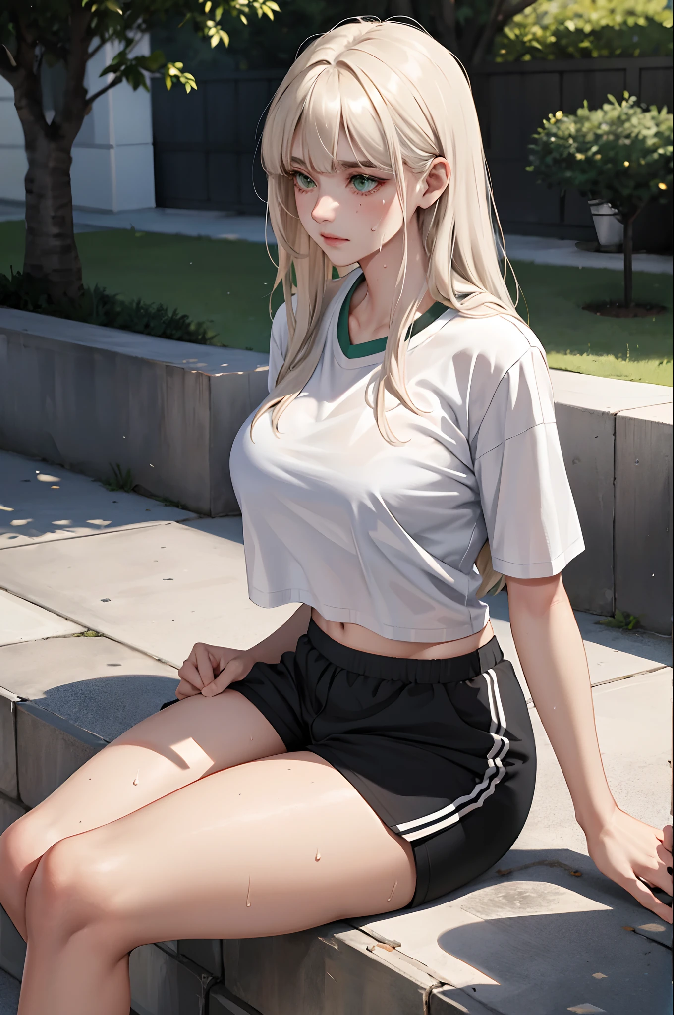 (masterpiece:1.2, best quality), (real picture, intricate details), 1lady, solo, upper body, sitting down, sitting on ground, casual, long hair, minimal makeup, natural fabrics, close-up face, tired, sweaty, physical activity, tired face, tired expression, school, long light platinum blonde hair, bangs, voluminous hair, green eyes, big breasts, big ass, big tits, big butt PE school uniform, school PE shorts, athletic shorts, PE t-shirt, white t-shirt, black athletic shorts, sweaty, sweat, bangs on forehead, Korean bangs, cute bangs, mature face, 1adult, 1 female, 1 woman.