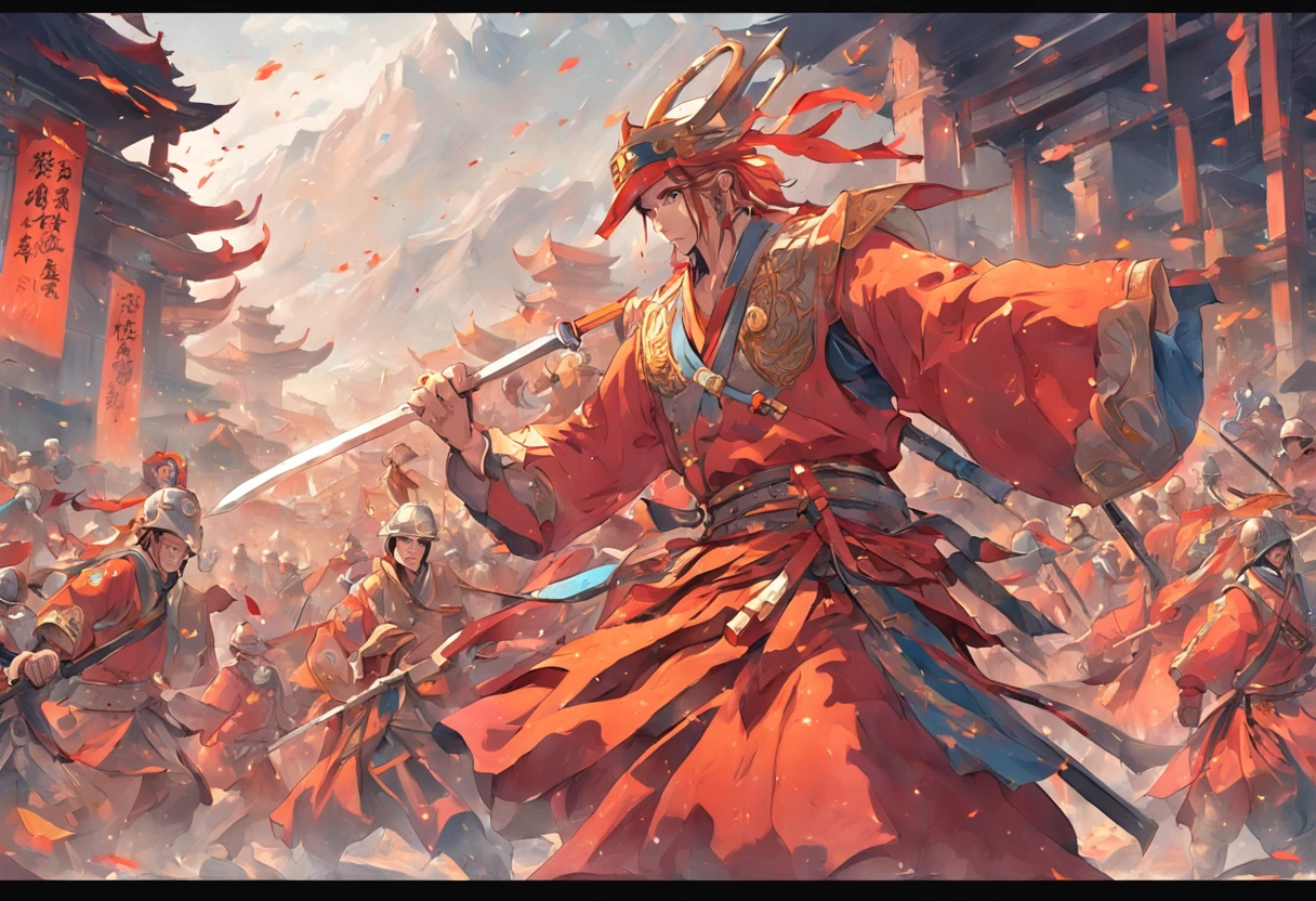 A mural,A large number of soldiers wearing ancient Chinese armor,Escape to a mountain,At the foot of the mountain, another group of soldiers surrounded them,The scene is magnificent