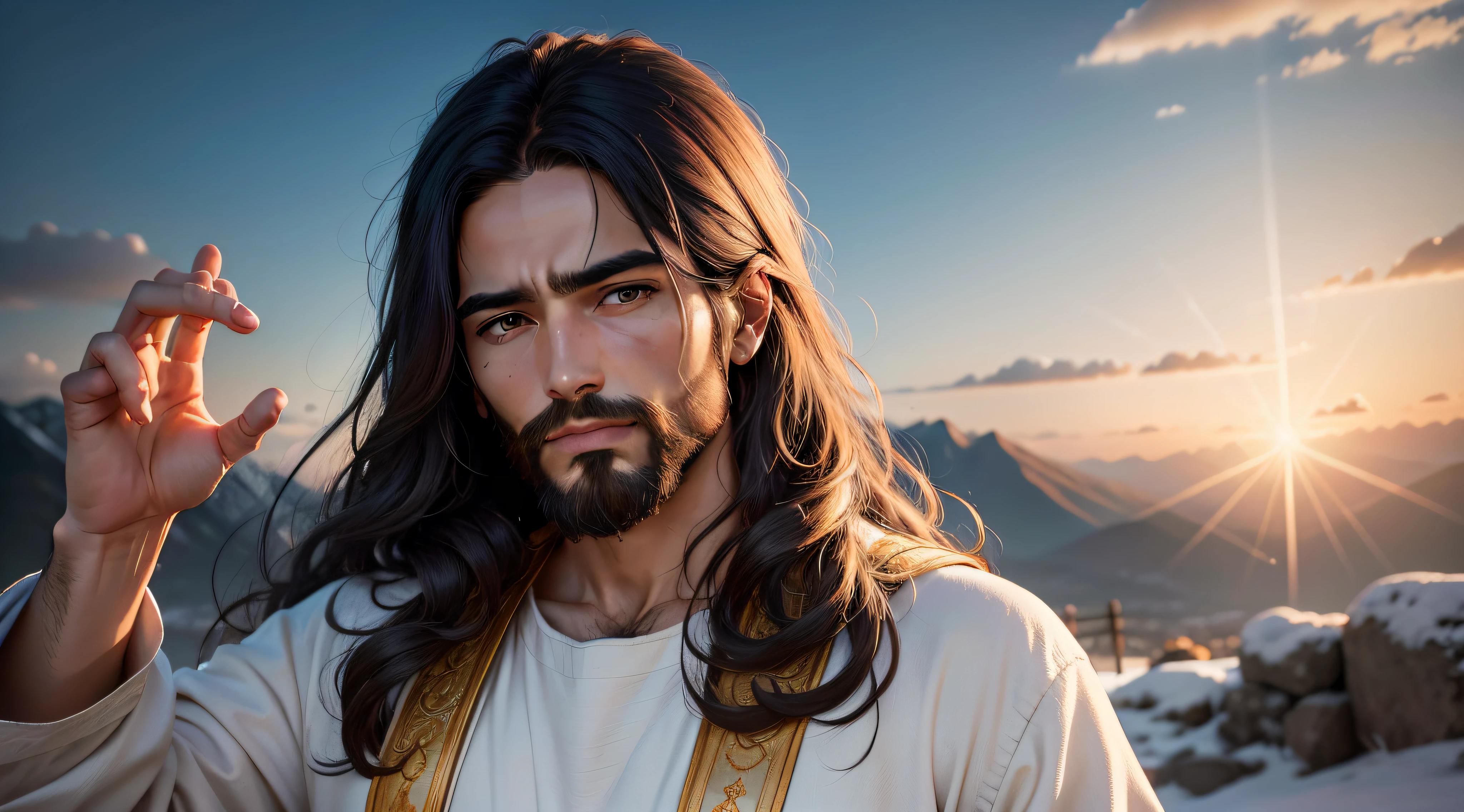"Por favor, generate a high-resolution image of Jesus Christ that represents his divine presence and his message of love and compassion. He must be depicted in a heavenly setting, com um fundo repleto de cores suaves e radiantes. Jesus must be wearing a white robe, com cabelos longos e barba, and a serene, welcoming expression on his face. Your right hand should be raised in a gesture of blessing, and the left holding a radiant heart that symbolizes divine love. Be sure to capture every detail of the image with the highest quality and accuracy, so that the spiritual essence of Jesus Christ may be evident."

Always remember to treat with respect and sensitivity when creating or soliciting religious representations.
