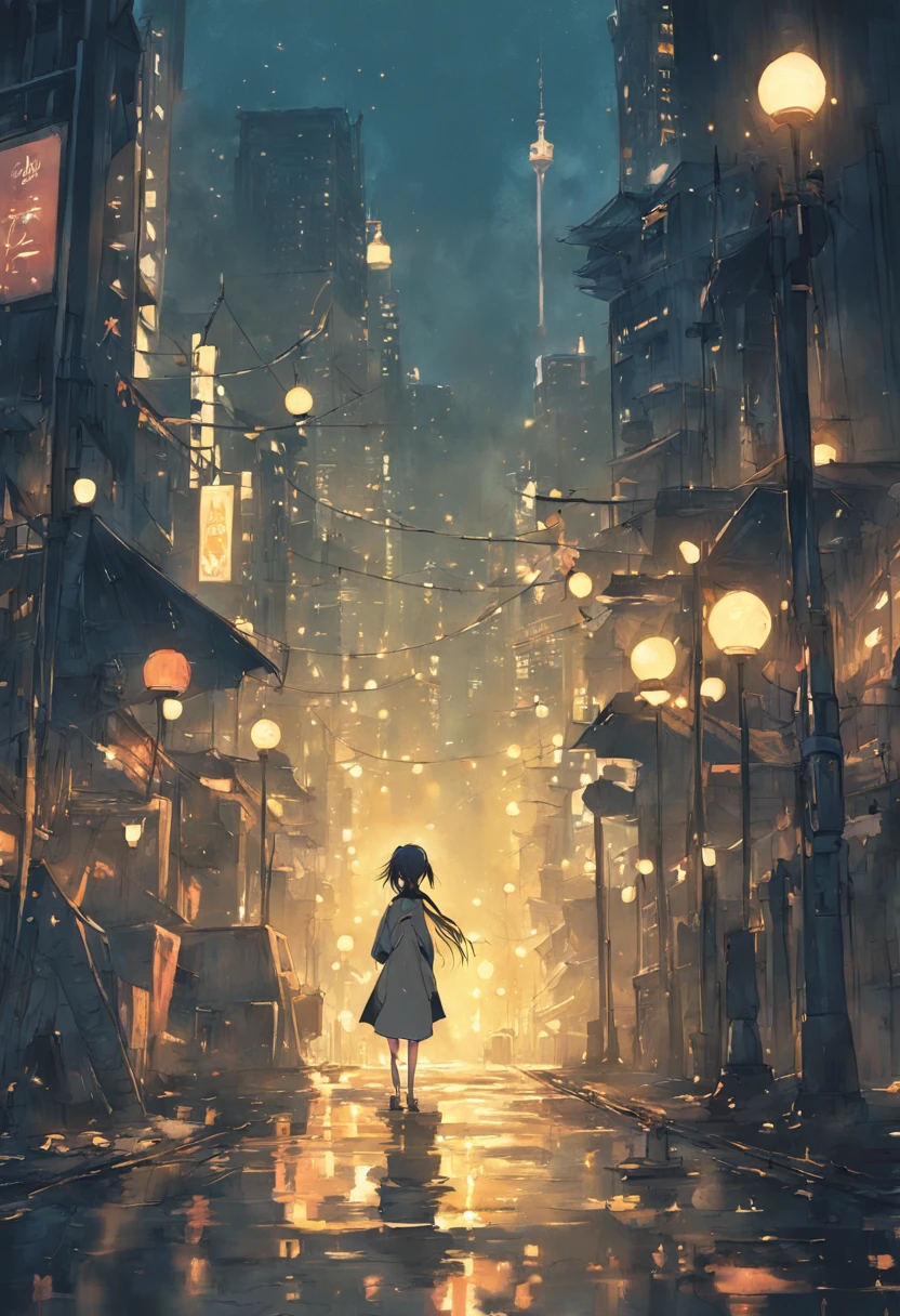 night city, Tall skyscrapers, Bright windows, Street lamps, distant view, Sateen, Yellow light of street lamps, quay, machinery,