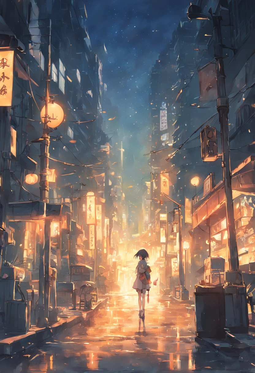 night city, Tall skyscrapers, Bright windows, Street lamps, distant view, Sateen, Yellow light of street lamps, quay, machinery,