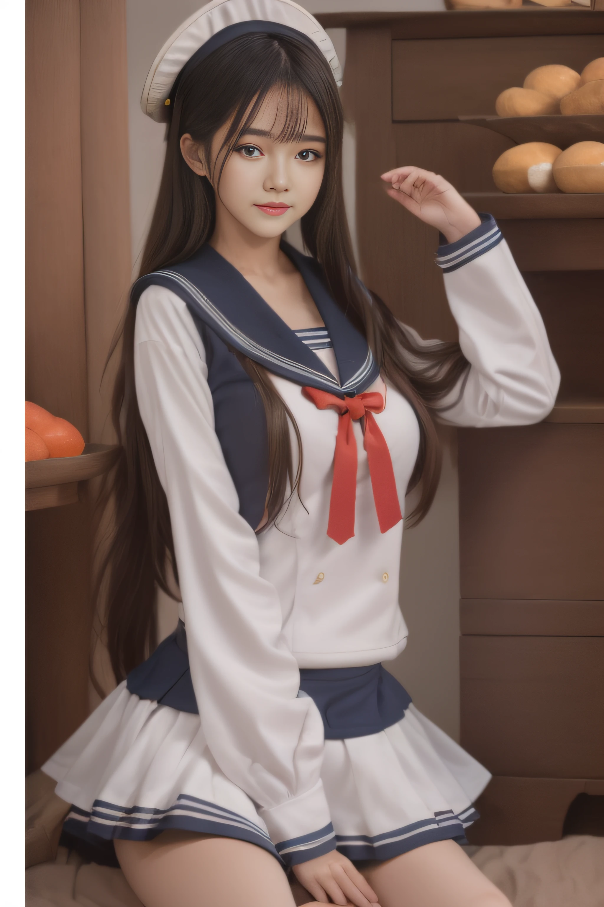 A girl，年轻，Black color hair，horse tailed，a sailor suit,best qualtiy，best illuminate，Highest high resolution，16k，Meticulous details，full body shot shot,realisticlying,aboard,The bust is huge,full bodyesbian,sockes