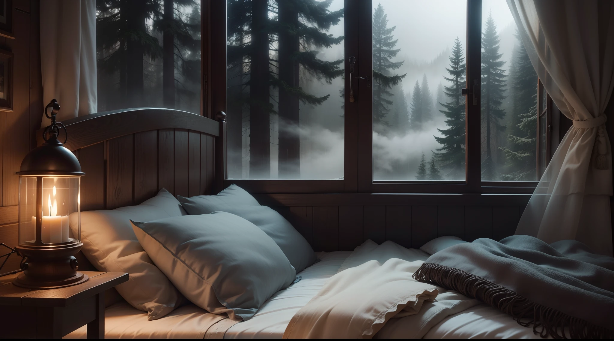 night, stars in the dark night, Countryside, Over the bed in the shabby brown wooden house in the forest, the gray sheets and quilt covers, the tall trees outside the big window, angled focus on the window, pouring rain, The wind is howling, the air is full of steam mist, the wooden windows, the blanket, the wool rug, the film perspective, 8k, photography, high detail, detail, high quality shadow, realism