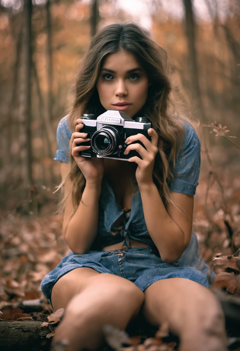Sit in a luxurious new york night club、Beautiful blonde girl in her 20s with plump body, holding a professional vintage camera from the 80s, Glamour, Sitting on a log in a foggy forest, abundant dark hair, Bushy bangs, Beautiful blueeyes with glitter, Beautiful face with symmetry, Pretty and innocent face, heavy make-up、 Unadorned, Film grain, dreamy photo, Concept photo, Emotional Photography, film photography, photos realistic, realisitic, Sharp Focus, 14k, ighly detailed, cgsociety, ultra-definition, Very fine particles, Grain Filter