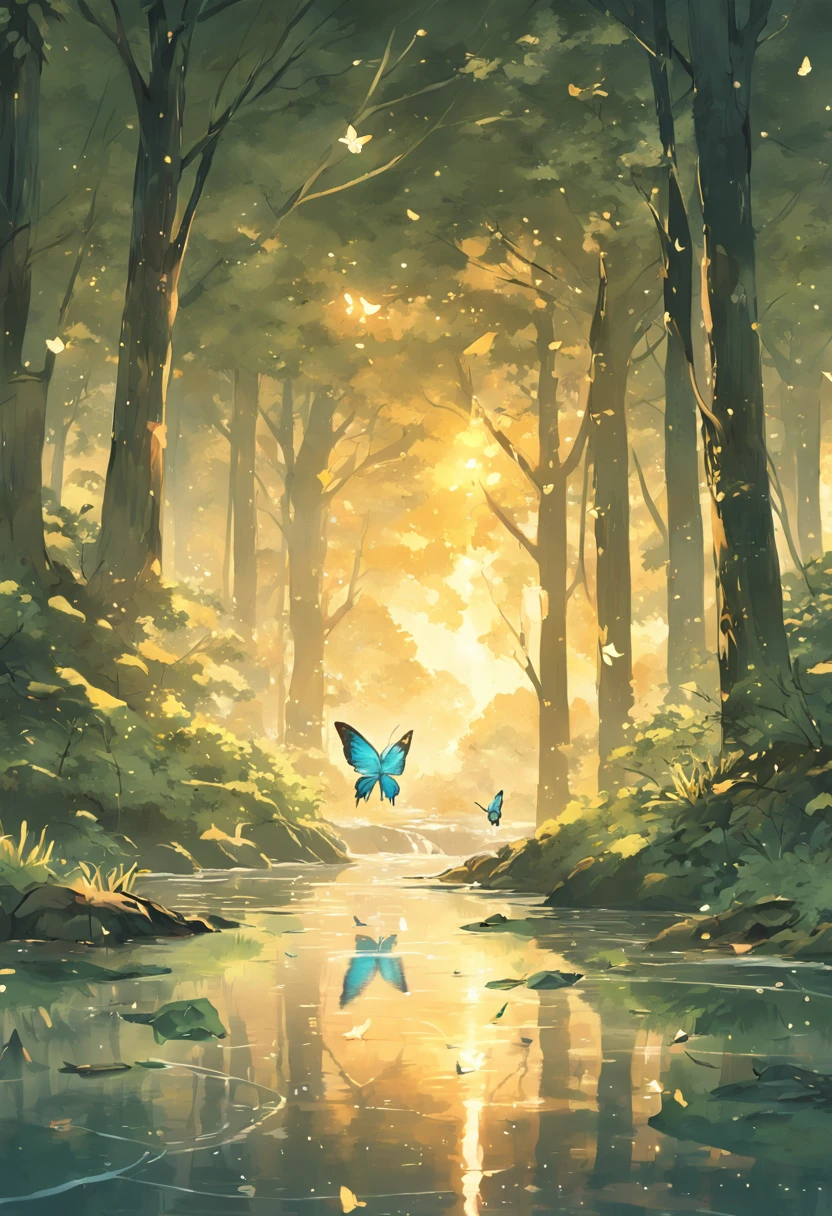 "Beautiful tori in a serene forest during the ((golden hour)), with a gently flowing river beside it. The water mirrors the glowing tori, creating a mesmerizing reflection. Delicate small butterflies fluttering around in the air, adding a touch of enchantment. The scene takes place on a rainy day, with sharp details and high definition."