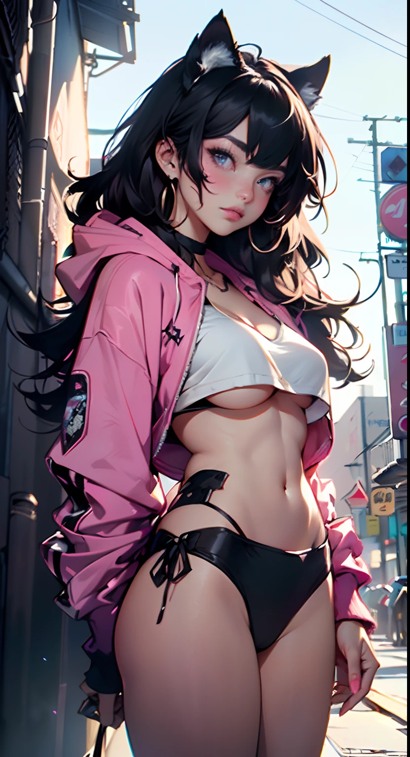 girl spacepunk,(((1girl))),((anime girl with extremely cute and beautiful black hair cat ears walking seductively down the street)),

(large breasts:1.4),saggy breasts,((((black hair,messy hair,colored inner hair,large hair,absurdly long unkempt hair:1.35,long hair,ear breathing)))),((((cat ears,cat ears on head,big cat ears)))),((pink eyes:1.3,upturned eyes:1.3,perfect eyes,beautiful detailed eyes,rainbow glows ultra-detailed deep pink purple eyes:1.1,gradient eyes:1,finely detailed beautiful eyes:1,symmetrical eyes:1,big highlight on eyes:1.2)),((fat)),(((lustrous skin:1.5,bright skin: 1.5,skin tanned,shiny skin,very shiny skin,shiny body,plastic glitter skin,exaggerated shiny skin))),(spider lower abdomen,narrow waist,wide hip,athletic body,inflated legs,delicate detailed fingers,detailed body,detailed arms,human hands,(detailed face)),

cute,slutty,seductive,erotic,(((nsfw))),

zettai ryouiki,revealing clothing,show skin,((((underboob)))),(cleavage),(semi-naked,with little clothing,((tiny thong)),bare legs,visible thong straps),((((crop top hoodie,cropped hoodie,hoodie,hoodie intricate)))),((detailed outfit,detailed clothes)),

(dynamic pose:1.0),solo focus,embarrassed,centered,scale to fit dimensions,Rule of thirds,

Cityscape by the ocean,slightly cloudy sky with neon signs shining,futuristic cyberpunk cityscape,((detailed background:1.25)),oceanfront,((neon lights)),(synthwave theme background),
(best quality,high resolution,sharp focus,ultra detailed,extremely detailed,extremely high quality artwork,(realistic,photorealistic:1.37),8k_wallpaper,(extremely detailed CG 8k),(very fine 8K CG),((hyper super ultra detailed perfect piece)),flawless,(((masterpiece))),illustration,vibrant colors,(intricate),High contrast,Selective lighting,Double exposure,HDR (High Dynamic Range),Post-processing,Background blur,