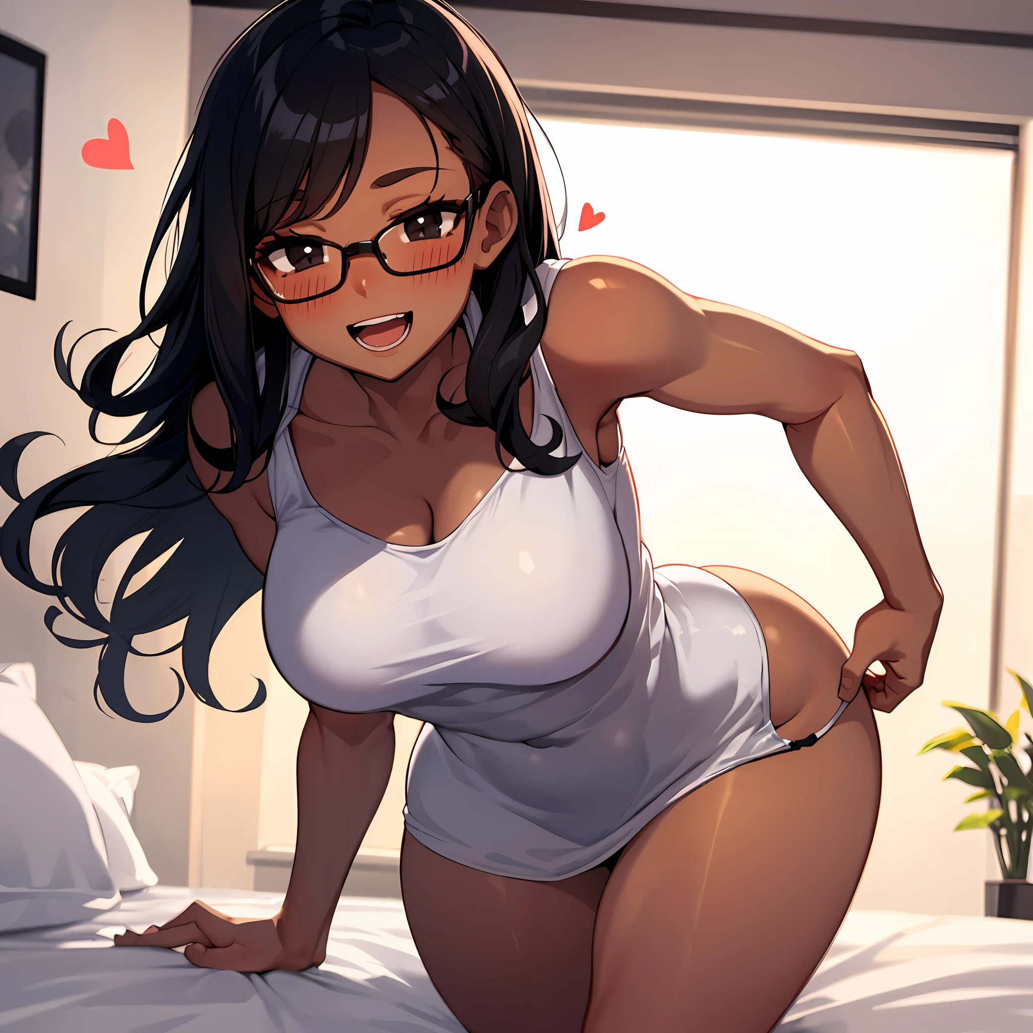 (1gir),(dark skin girl),long black hair,(brazilian),(ager),black eyes,round glasses,(sexy body),(thicc hips),blush,alone in her bedroom,heart floating, joyful expression
