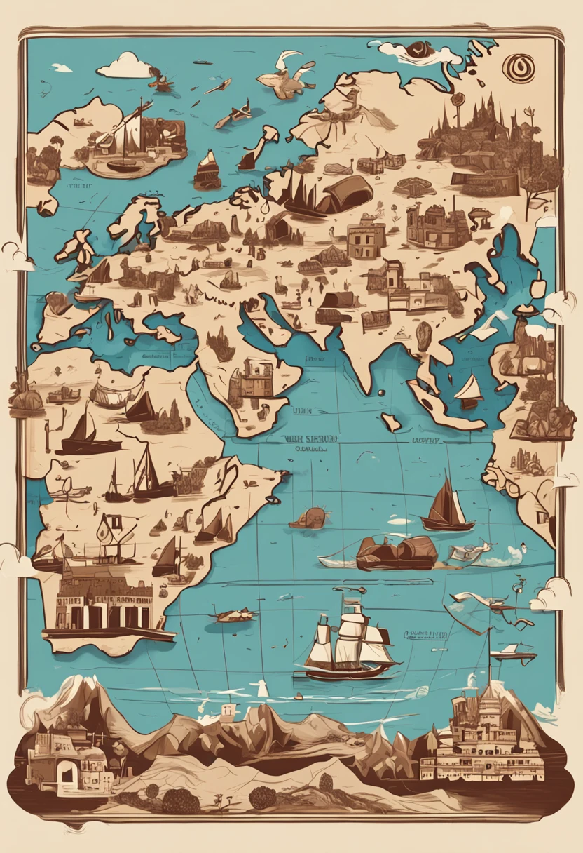 A drawing of a stylized world map with icons of sights. The main colors are blue, verde, marrom e branco