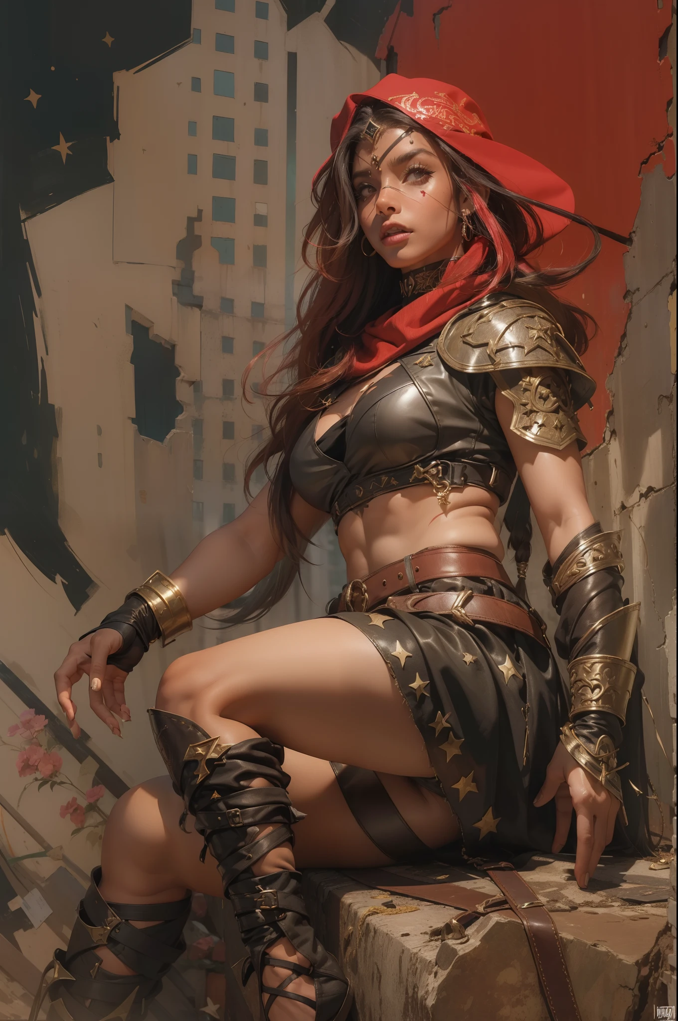 (((mulher))), (((melhor qualidade))), (((obra prima))), (((adulto))), Uma mulher gladiadora loira, of 30 years with athletic body, arabic , capuz, (((sozinho))), (((1girl))) , Gladiadores do Brooklyn, quase nua no estilo selvagem urbano de Simon Bisley para a capa da revista Heavy Metal, cabelos moicanos, pose sensual, tiny leather panties, , Minimum clothing, black and red arabesque pattern, armadura, cheio de pontas e estrelas, (((do joelho pra cima))), mohawk hair with small braids, explosion of colors, Wowdk