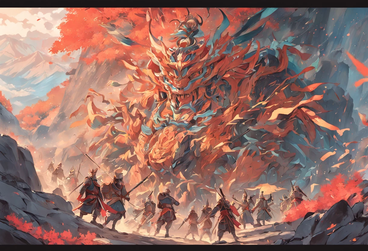 A mural,Many soldiers wearing ancient Chinese armor,Escape to a mountain,At the foot of the mountain, another group of soldiers surrounded them,The scene is magnificent