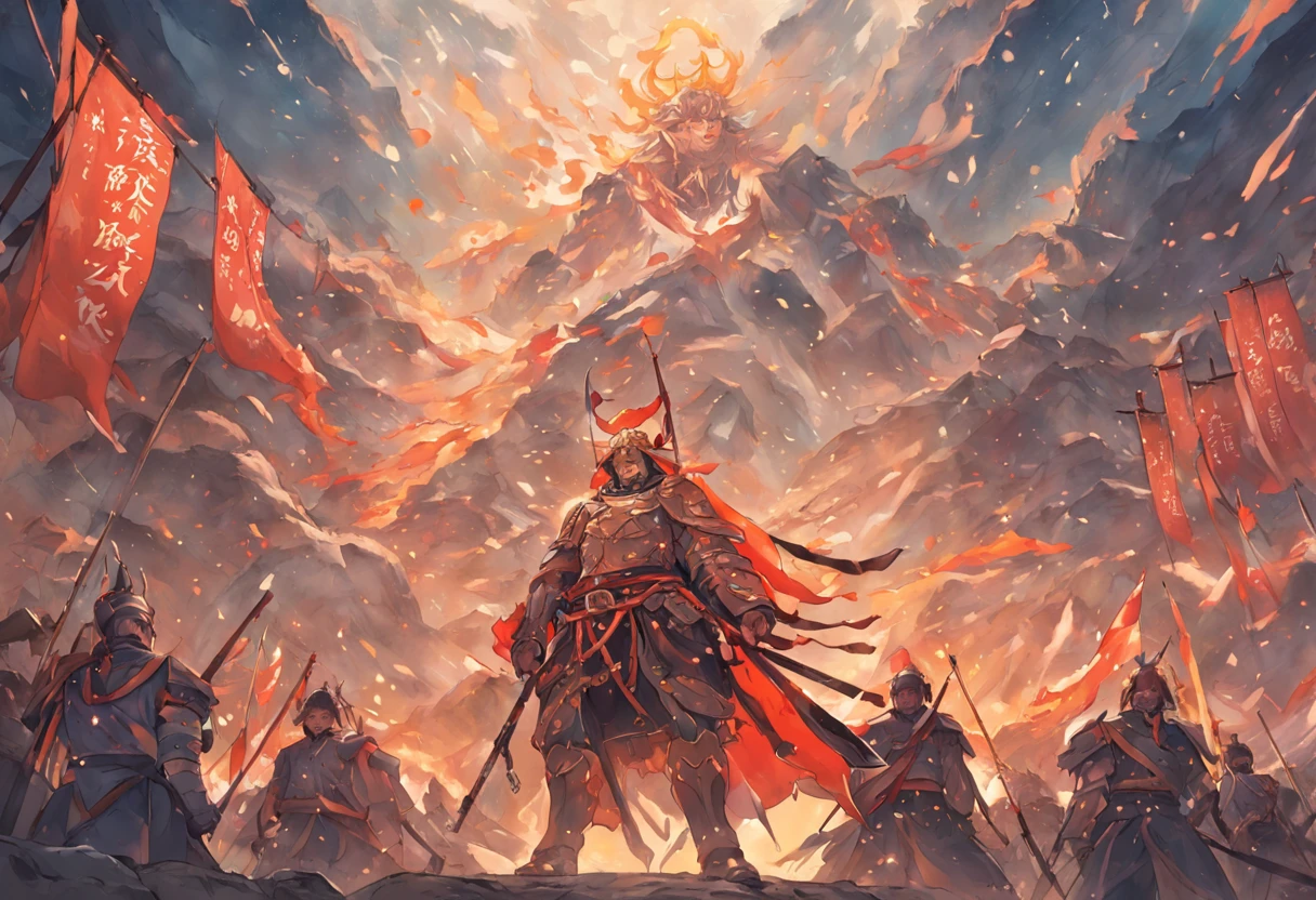 A mural,Many soldiers wearing ancient Chinese armor,Escape to a mountain,At the foot of the mountain, another group of soldiers surrounded them,The scene is magnificent