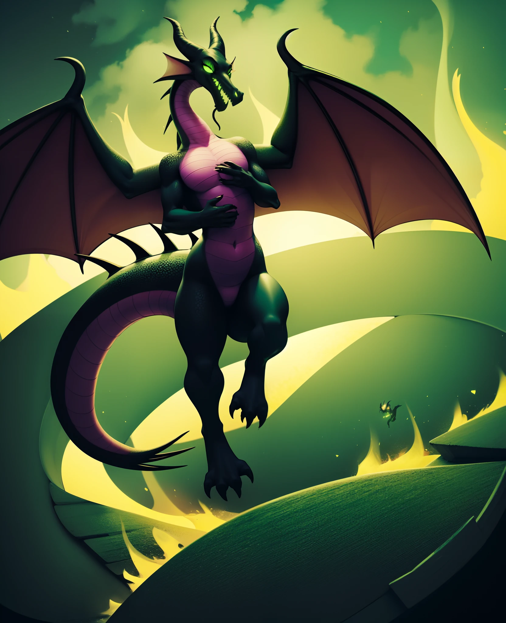 maleficent, scalie, dragon, floating, black body, flying, solo, (best quality), (flying sky dark green fire clouds background:1.2), chest armor, dramatic lighting, (detailed scales:1.1), looking at viewer, tail, open mouth, wings, fingers, feet,